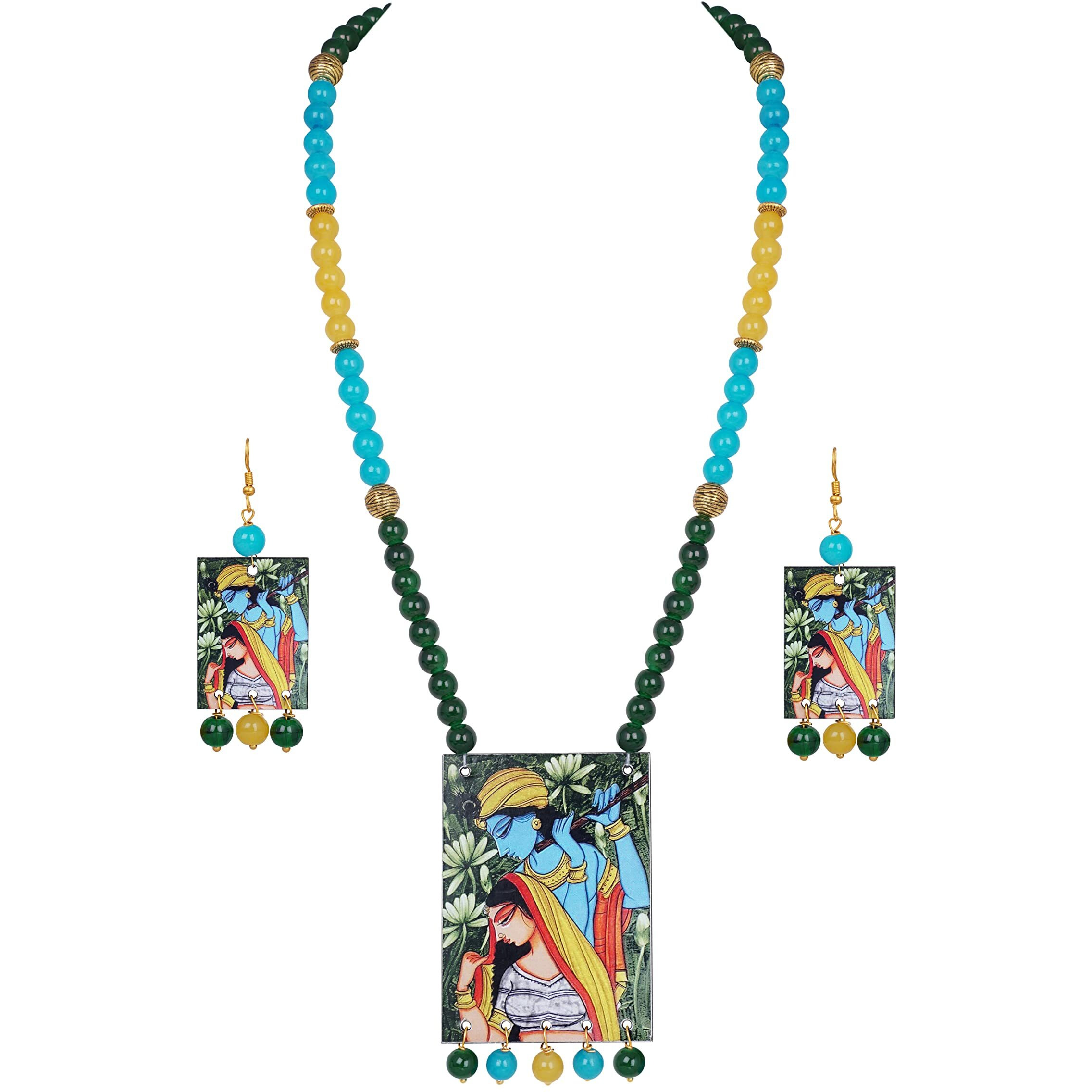 JFL - Jewellery for Less Etnic Radha Krishna Pendant with Multicolor Beaded Handcraft Necklace and Dangler Earrings for Women and Girls.(Sky Blue, Yellow, Green),Valentine