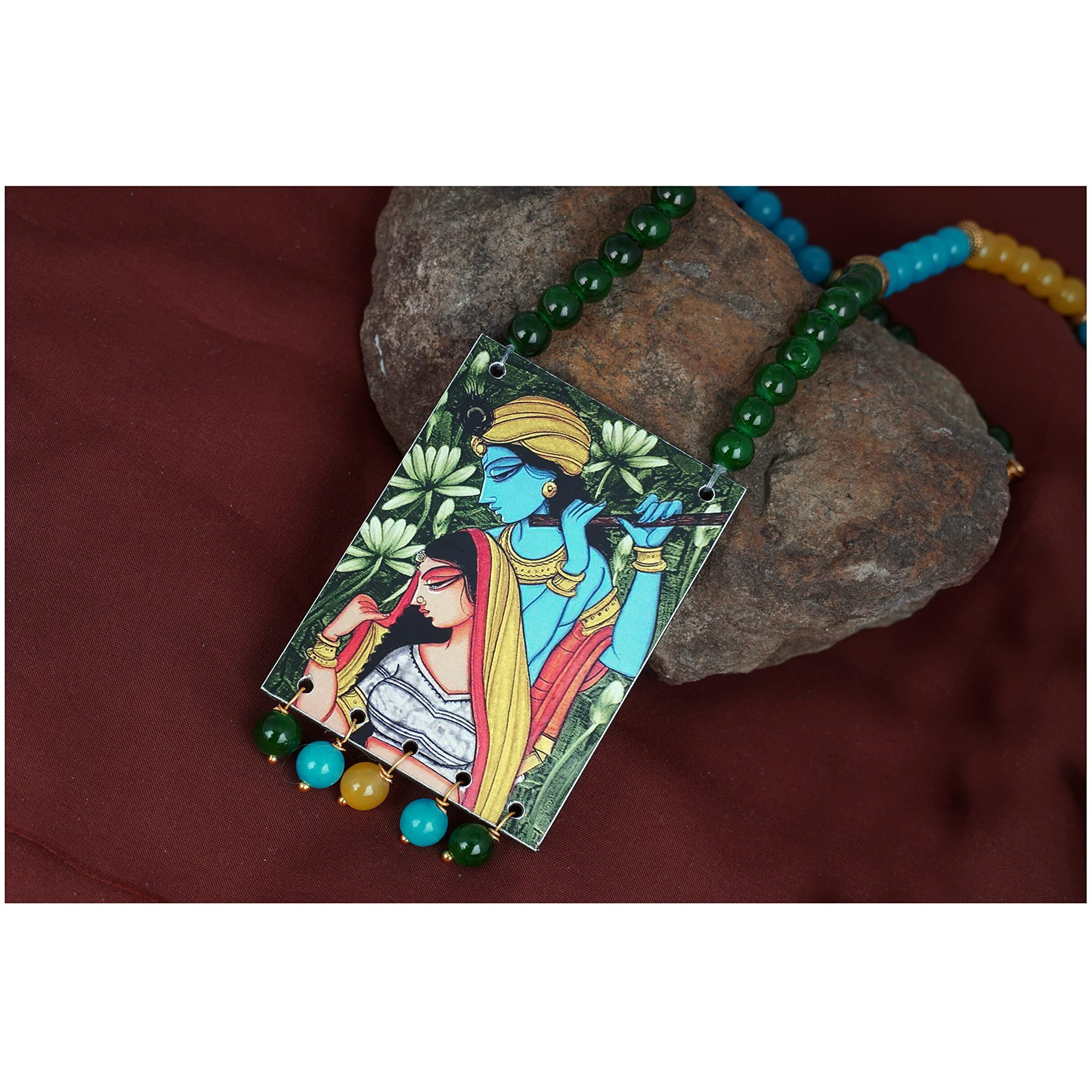 JFL - Jewellery for Less Etnic Radha Krishna Pendant with Multicolor Beaded Handcraft Necklace and Dangler Earrings for Women and Girls.(Sky Blue, Yellow, Green),Valentine