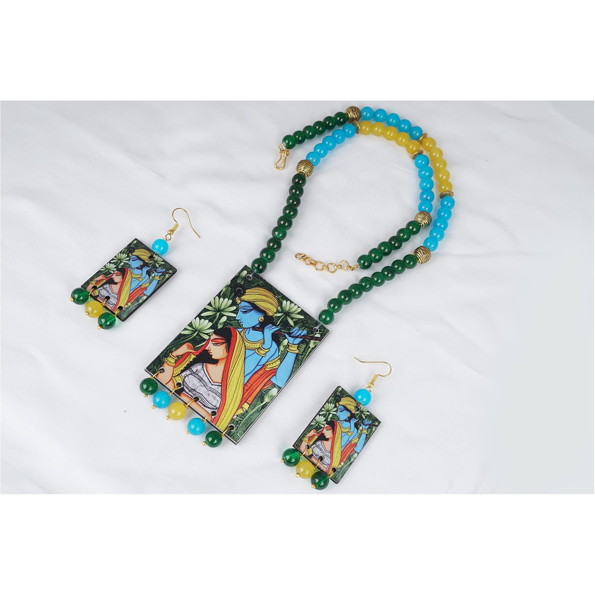 JFL - Jewellery for Less Etnic Radha Krishna Pendant with Multicolor Beaded Handcraft Necklace and Dangler Earrings for Women and Girls.(Sky Blue, Yellow, Green),Valentine