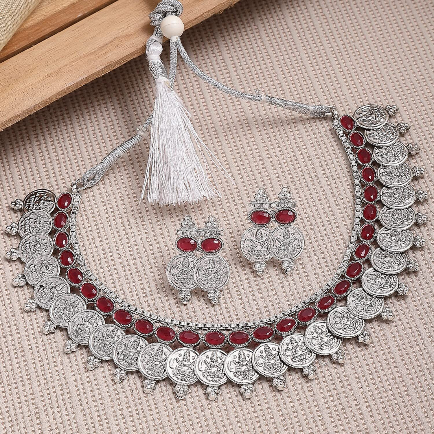 ZENEME New Antique Oxidised Silver Plated Traditional Temple Coin Red American Diamond Studded Necklace With Earrings Jewellery For Women & Girls (Red)