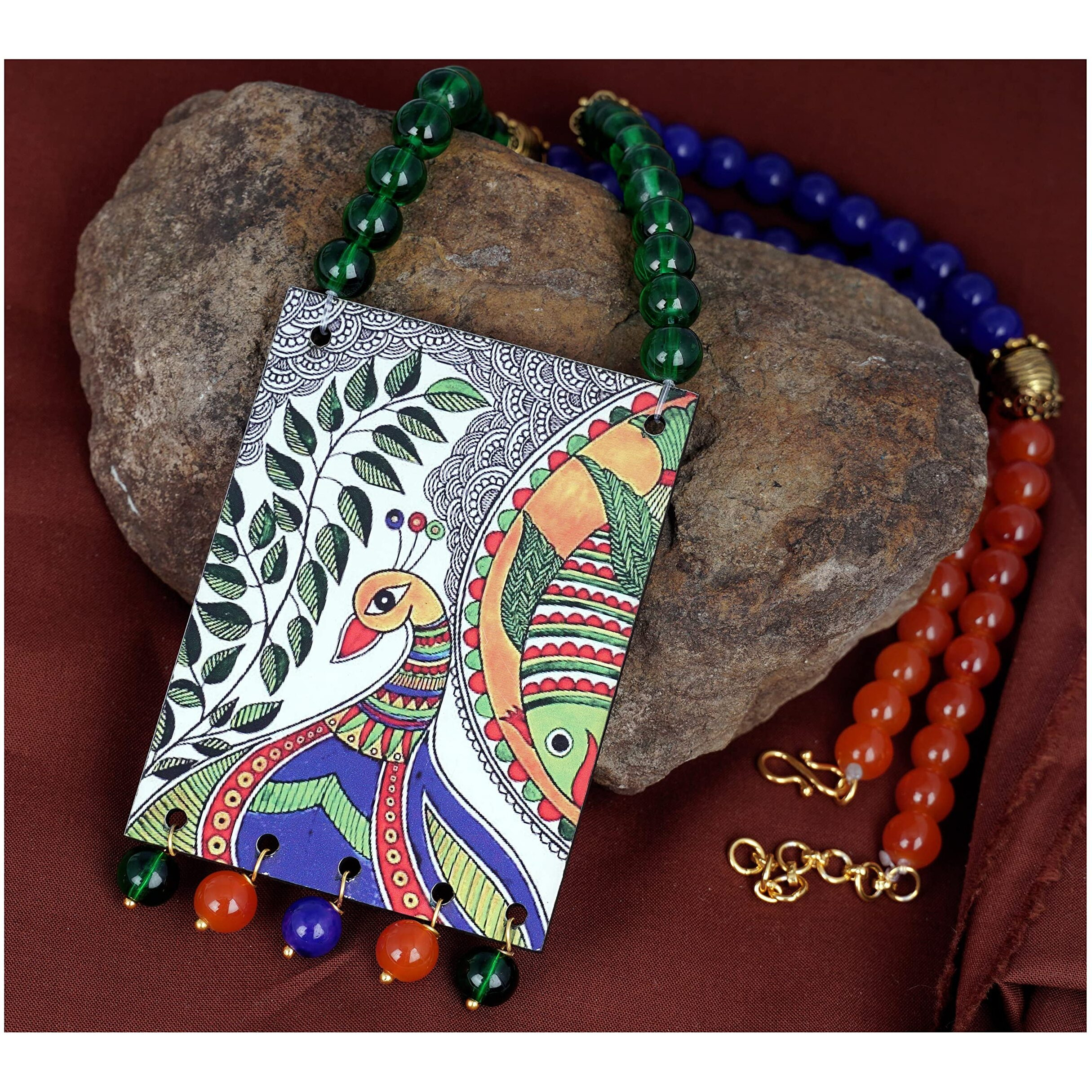 JFL - Jewellery for Less Etnic Peacock Design Pendant with Multi Color and Bead Adjustable Thread Handcraft Necklace and Dangler Earrings for Women and Girls.,Valentine