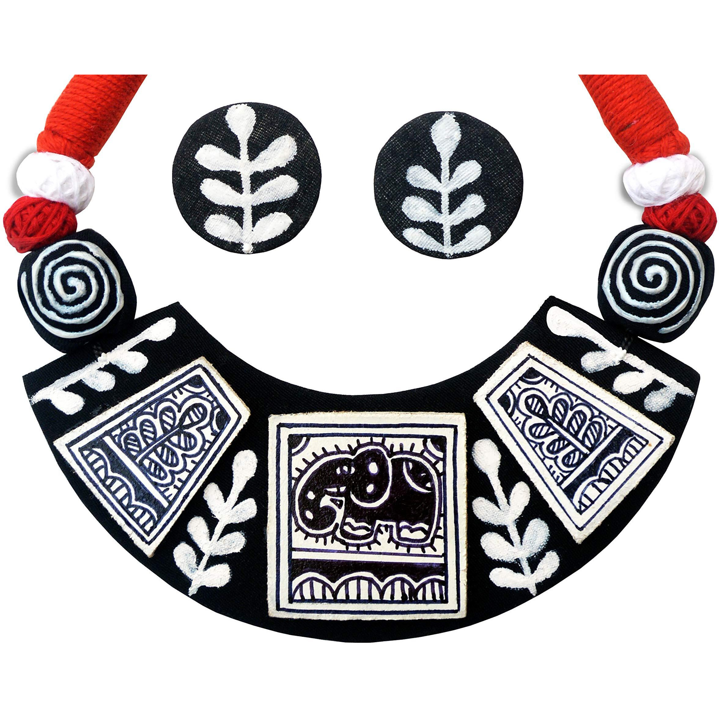 Karukala Handicraft & handmade Mithila Art Madhubani Painting Elephant Choker necklace Jewellery Sets for Women & Girls (Size- Free, Colour- Black)