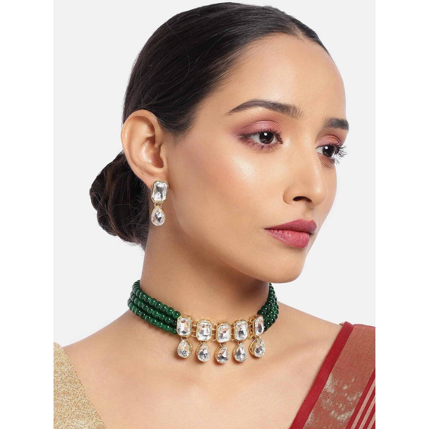 Peora Crystal Pearl Traditional Ethnic Bridal Choker Necklace with Earrings Jewellery Set for Women Girls