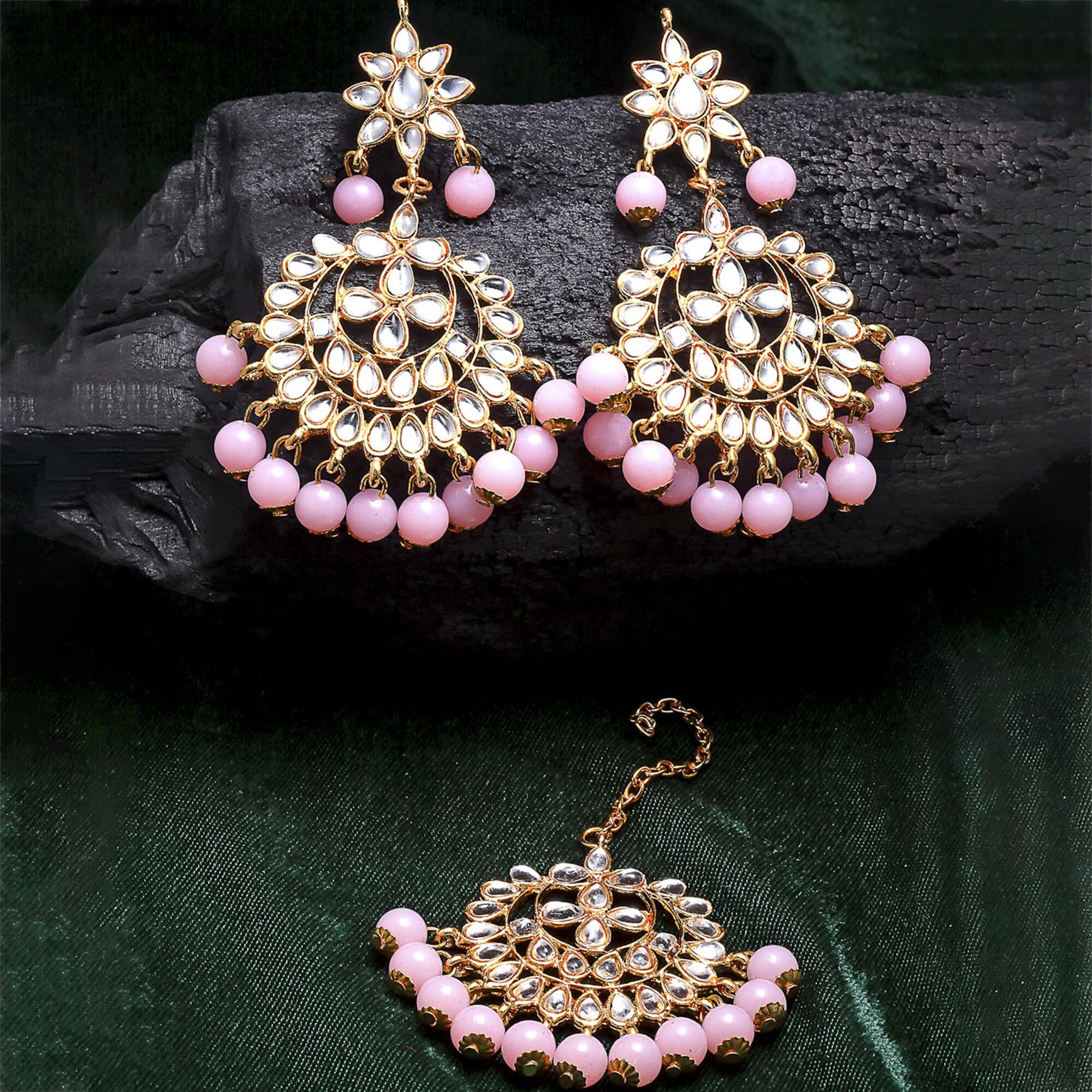 ZENEME Maang Tikka With Earrings Set Flower Shaped Gold Plated Jewellery For Women and Girls (Pink Gold)