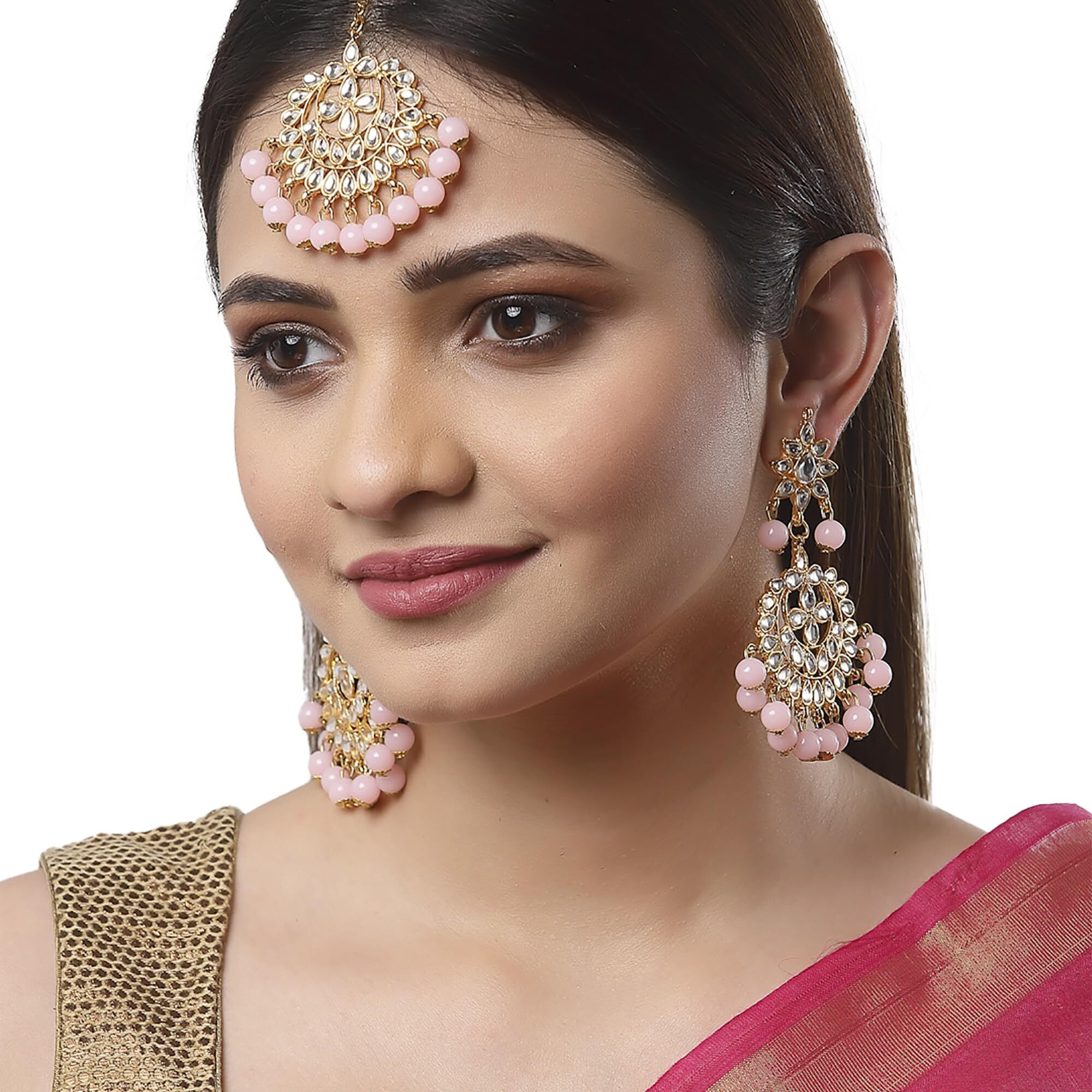 ZENEME Maang Tikka With Earrings Set Flower Shaped Gold Plated Jewellery For Women and Girls (Pink Gold)