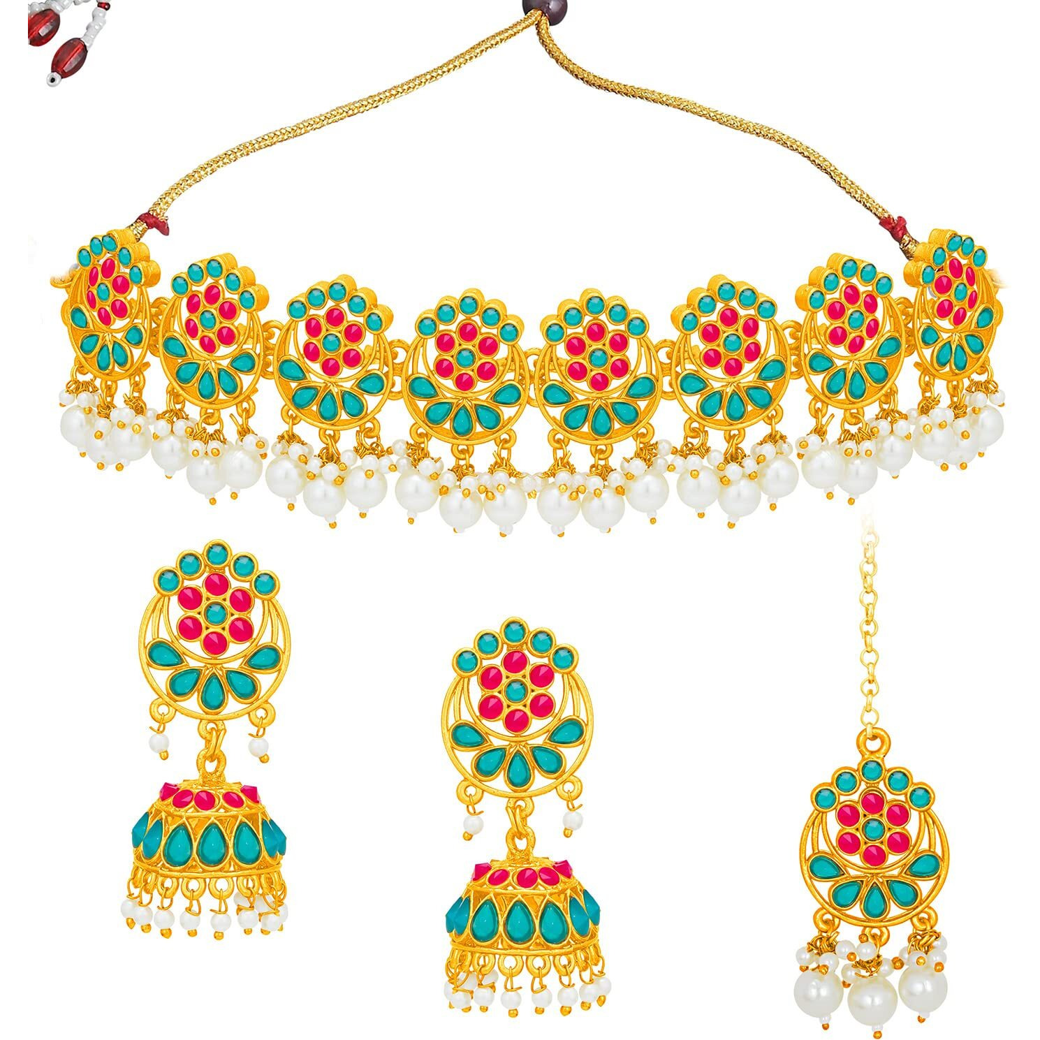 Sukkhi Charismatic Gold Plated Colour Stone & Pearl Collar Necklace Set For Women (NS101731)