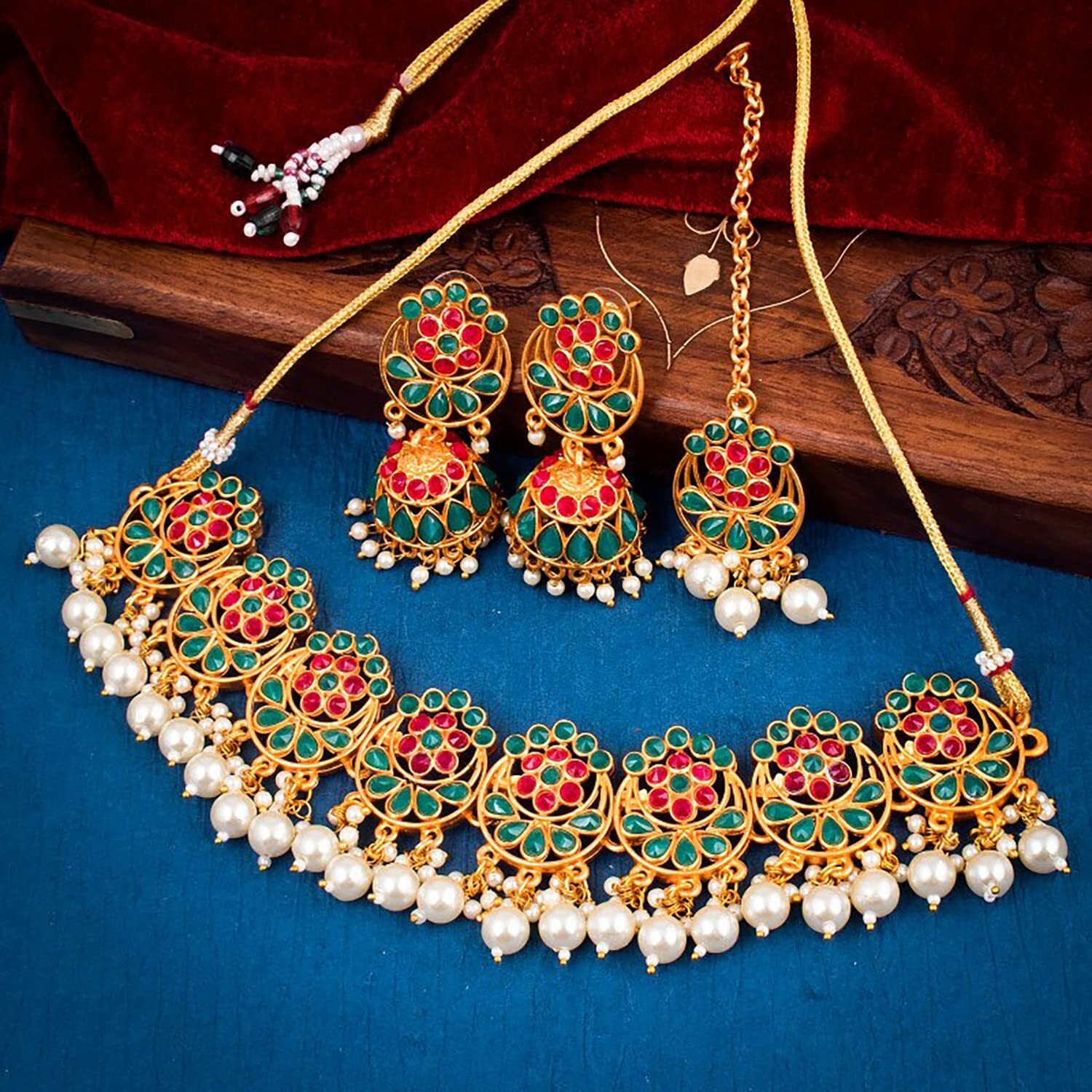 Sukkhi Charismatic Gold Plated Colour Stone & Pearl Collar Necklace Set For Women (NS101731)