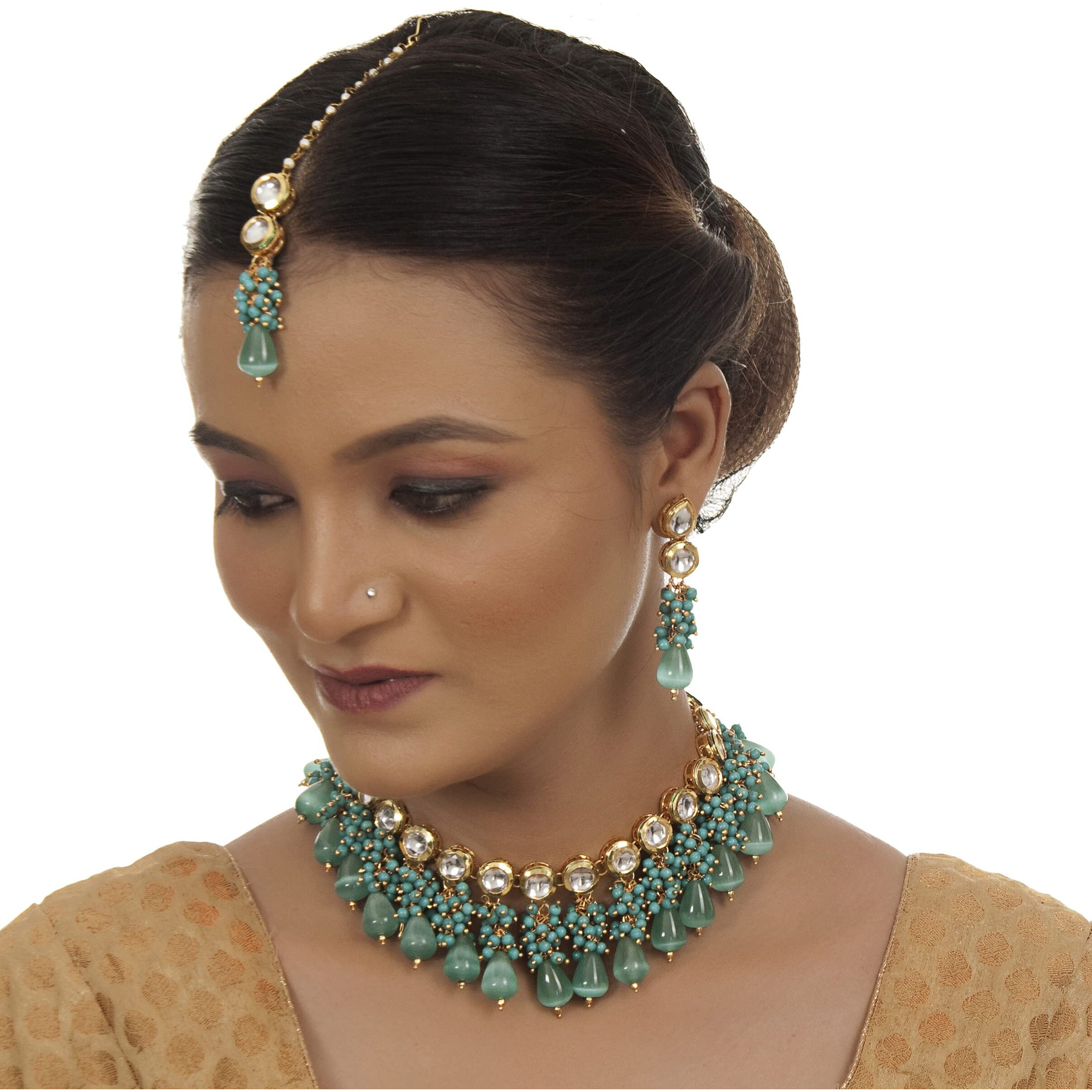 LUCKY JEWELLERY Back Meenakari 18k Gold Plated Mint Color Tika Earring Combo Jewellery Set Uncut Kundan Big Faux Kundan Dibbi Kundan Choker Necklace Set for Girls & Women