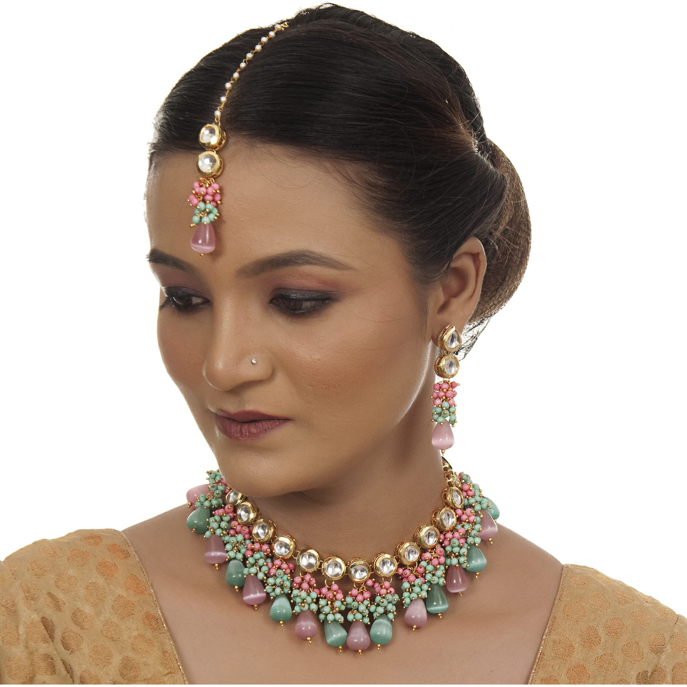 LUCKY JEWELLERY Back Meenakari 18k Gold Plated Multicolor Tika Earring Combo Jewellery Set Uncut Kundan Big Faux Kundan Dibbi Kundan Choker Necklace Set for Girls & Women