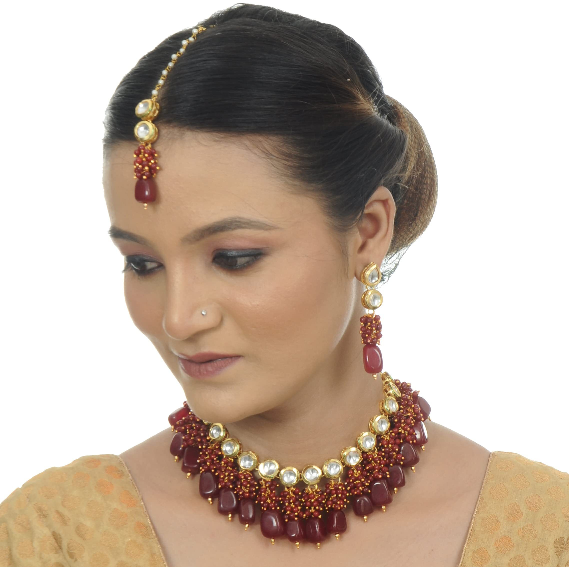 LUCKY JEWELLERY Back Meenakari 18k Gold Plated Maroon Color Tika Earring Combo Jewellery Set Uncut Kundan Big Faux Kundan Dibbi Kundan Choker Necklace Set for Girls & Women