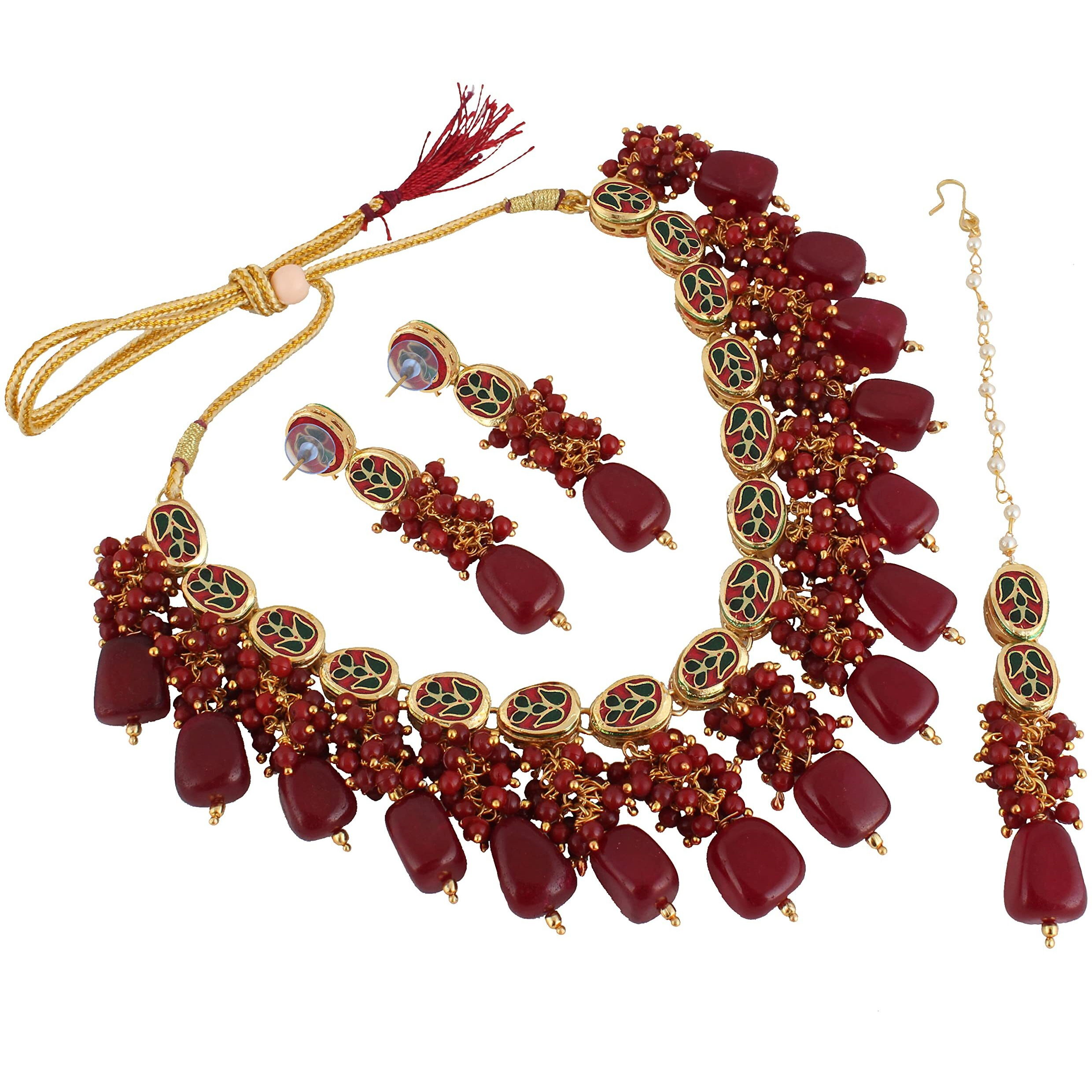 LUCKY JEWELLERY Back Meenakari 18k Gold Plated Maroon Color Tika Earring Combo Jewellery Set Uncut Kundan Big Faux Kundan Dibbi Kundan Choker Necklace Set for Girls & Women