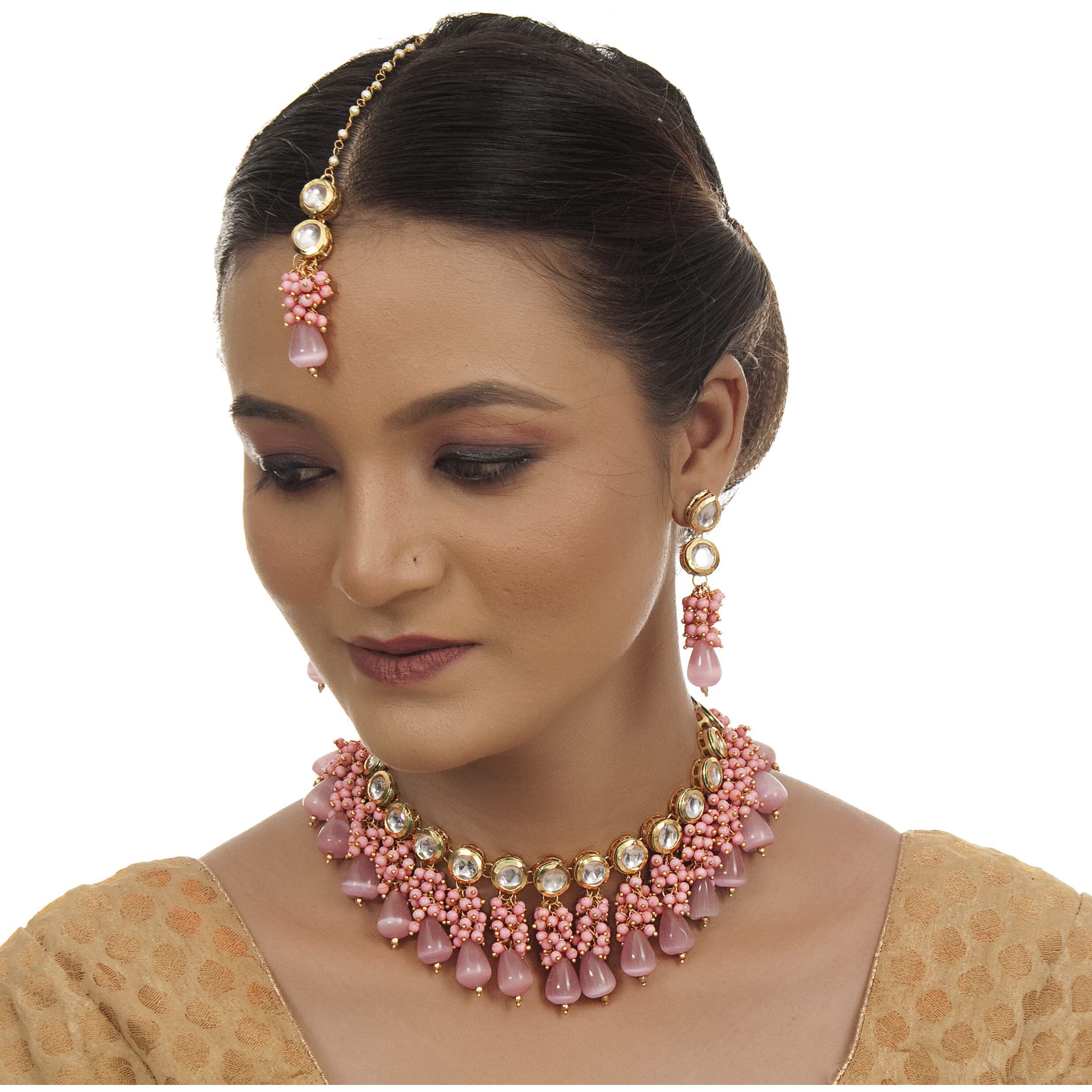 LUCKY JEWELLERY Back Meenakari 18k Gold Plated Pink Color Tika Earring Combo Jewellery Set Uncut Kundan Big Faux Kundan Dibbi Kundan Choker Necklace Set for Girls & Women