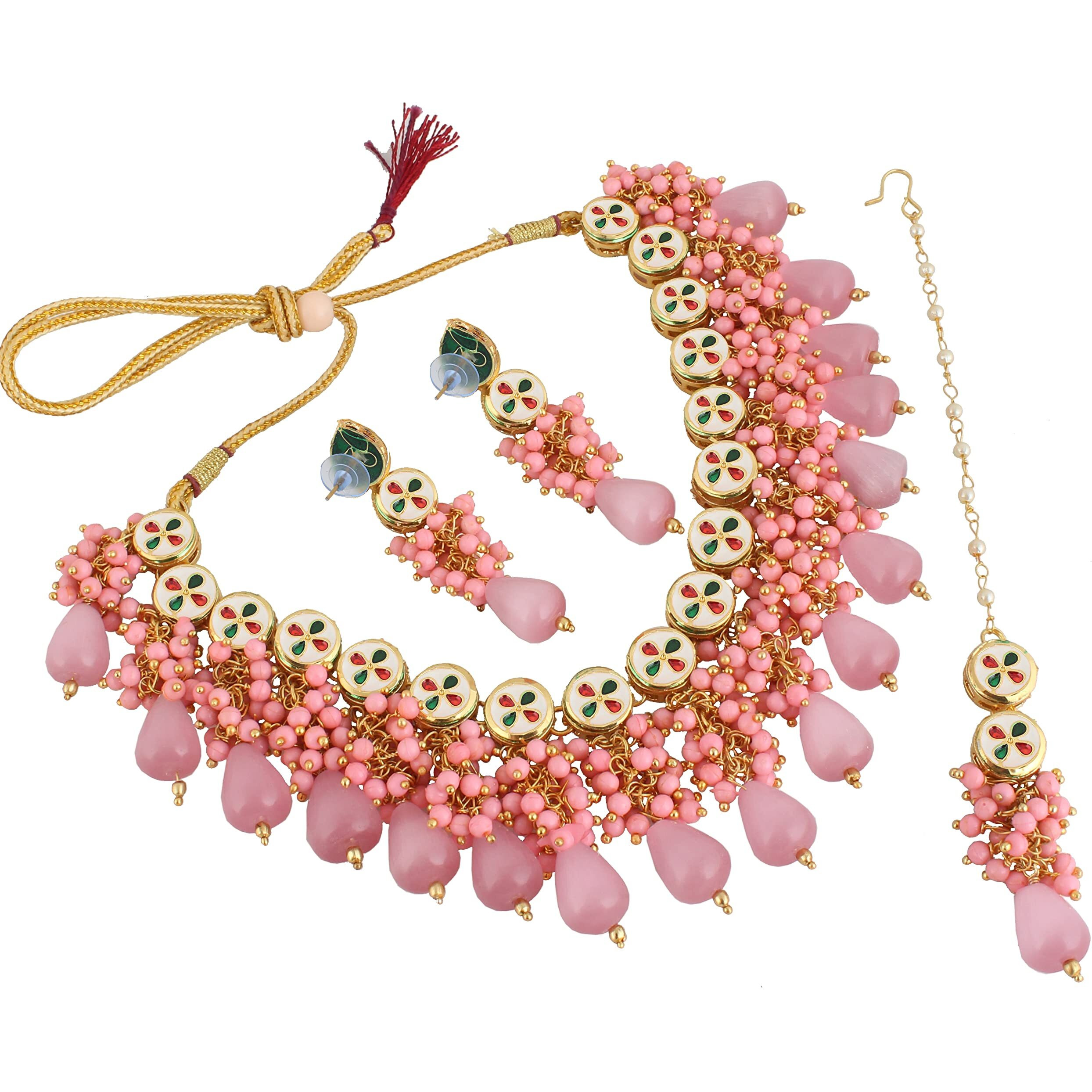 LUCKY JEWELLERY Back Meenakari 18k Gold Plated Pink Color Tika Earring Combo Jewellery Set Uncut Kundan Big Faux Kundan Dibbi Kundan Choker Necklace Set for Girls & Women