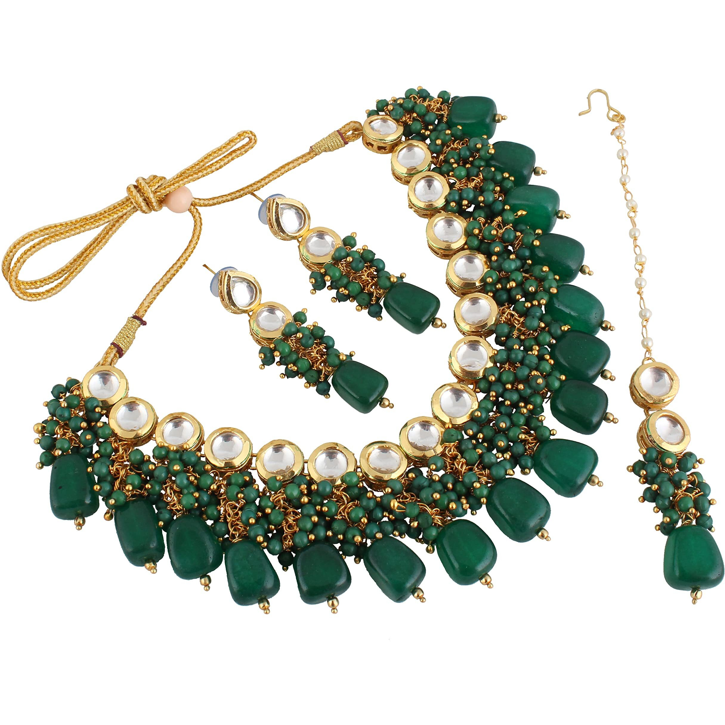 LUCKY JEWELLERY Back Meenakari 18k Gold Plated Green Color Tika Earring Combo Jewellery Set Uncut Kundan Big Faux Kundan Dibbi Kundan Choker Necklace Set for Girls & Women