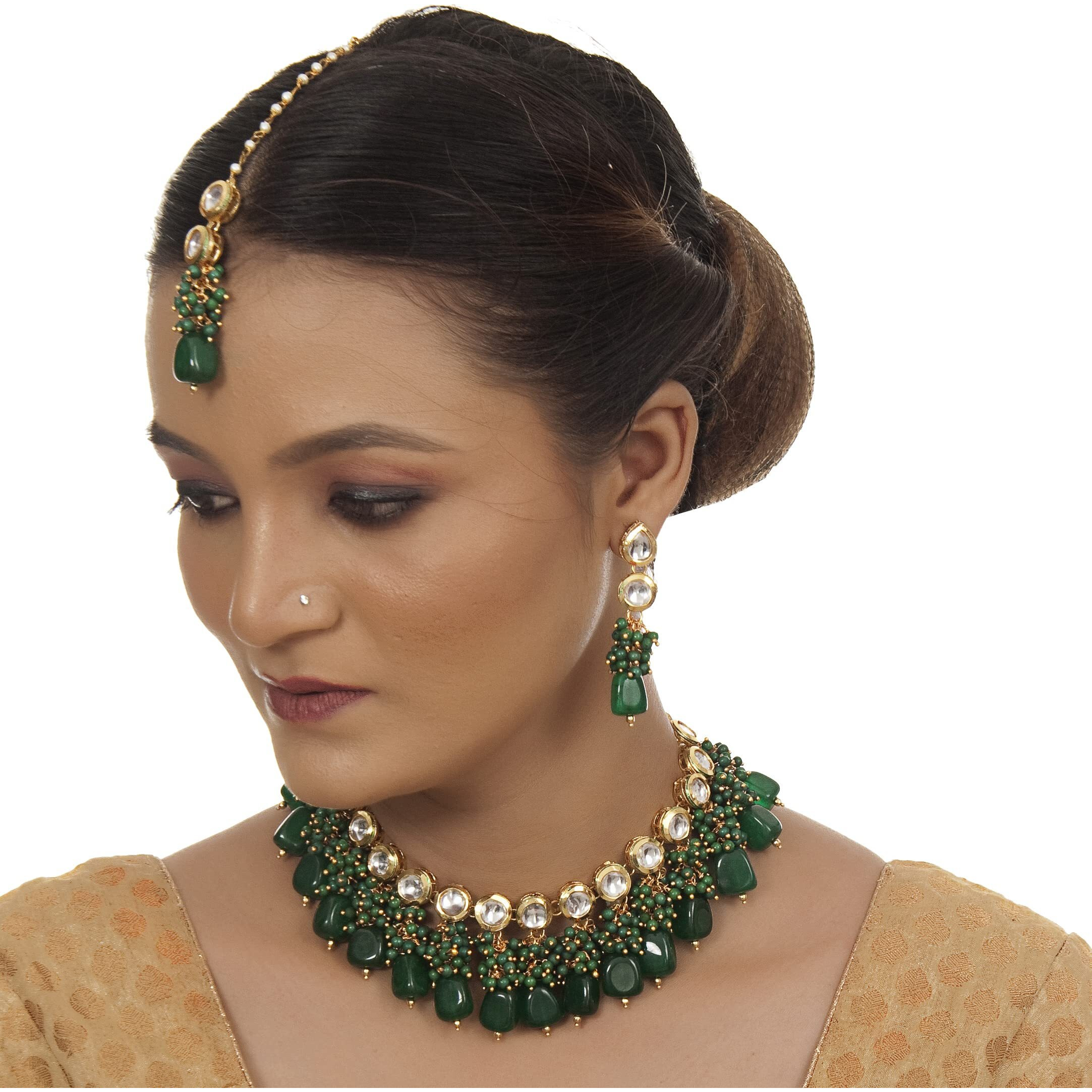 LUCKY JEWELLERY Back Meenakari 18k Gold Plated Green Color Tika Earring Combo Jewellery Set Uncut Kundan Big Faux Kundan Dibbi Kundan Choker Necklace Set for Girls & Women