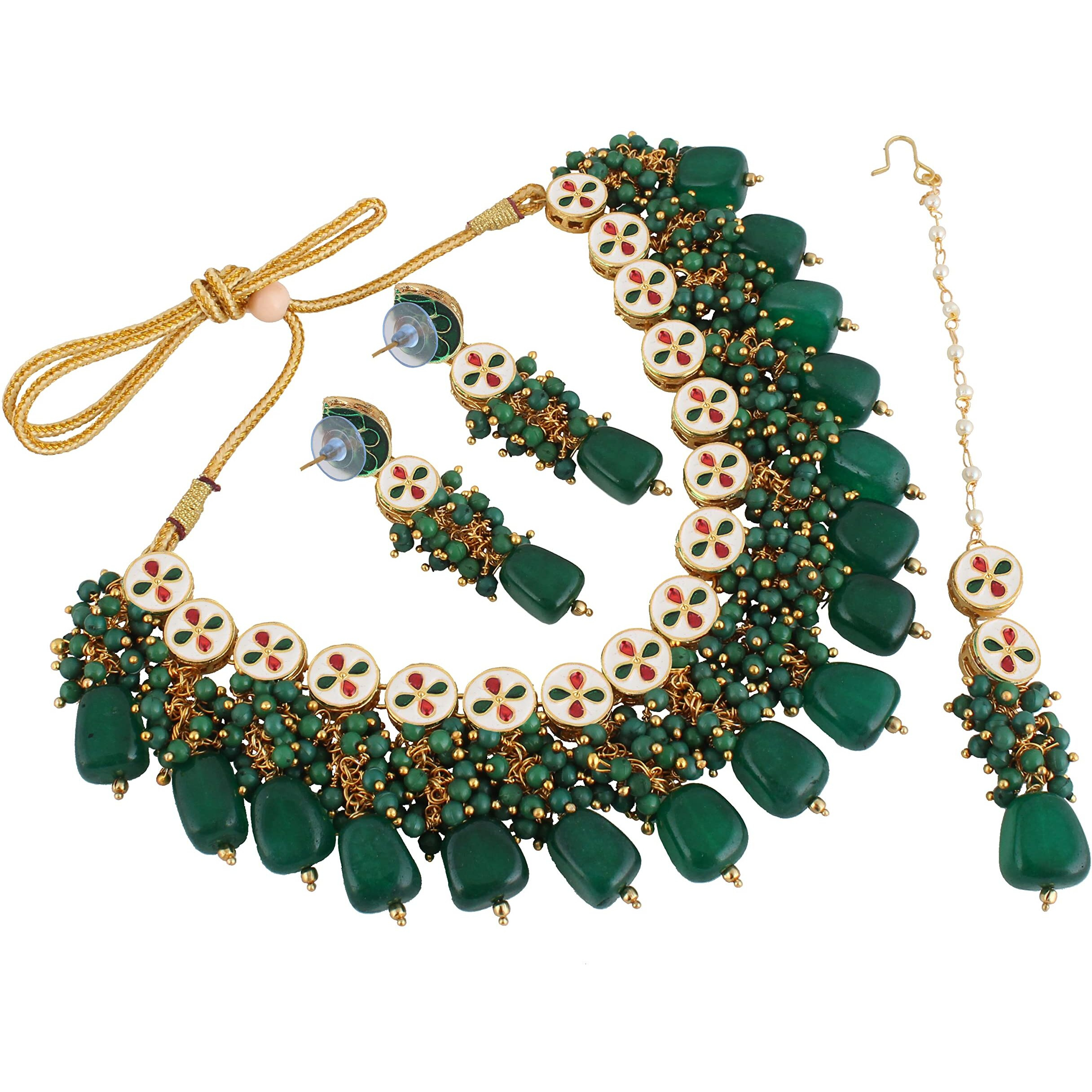 LUCKY JEWELLERY Back Meenakari 18k Gold Plated Green Color Tika Earring Combo Jewellery Set Uncut Kundan Big Faux Kundan Dibbi Kundan Choker Necklace Set for Girls & Women