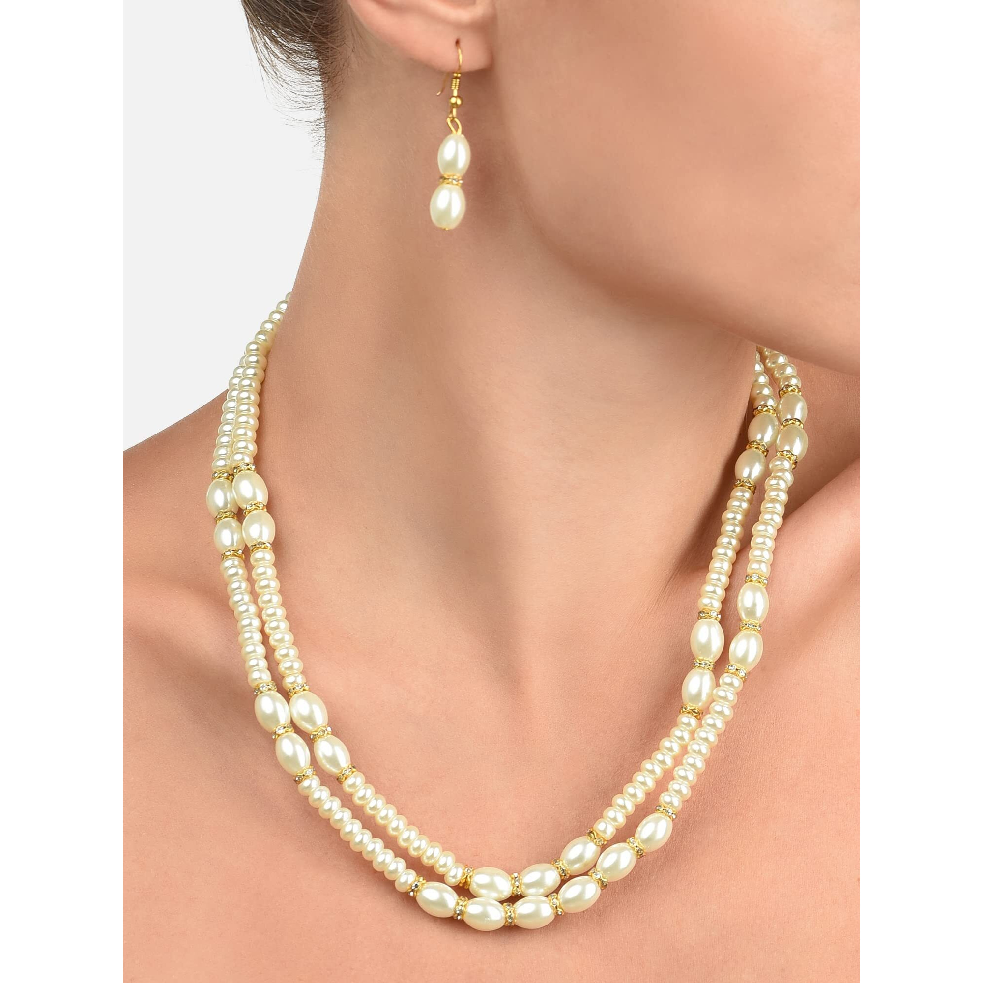 ZAVERI PEARLS Gold Tone 2 Layers Pearl Embellished Necklace & Earring Set For Women-ZPFK11537