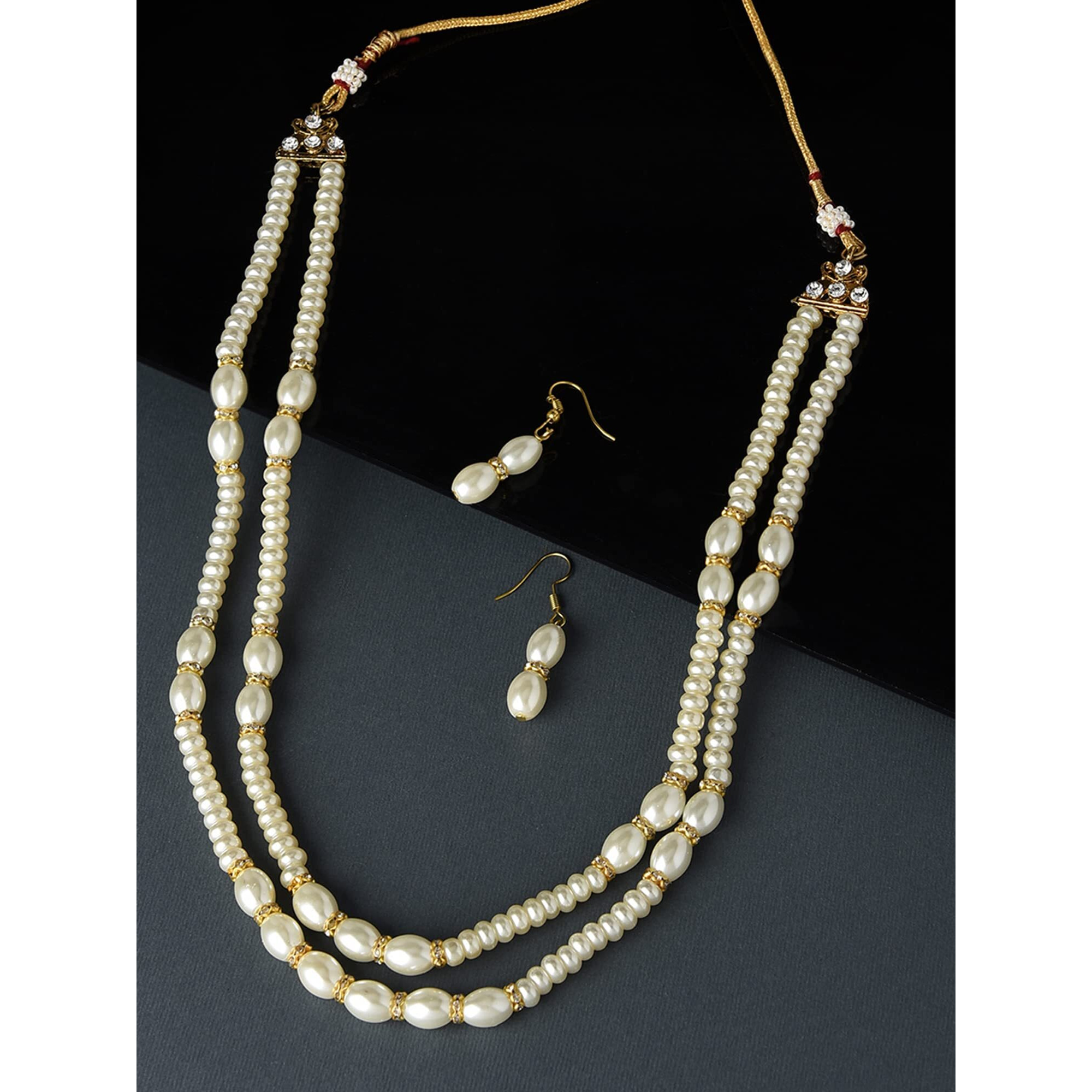 ZAVERI PEARLS Gold Tone 2 Layers Pearl Embellished Necklace & Earring Set For Women-ZPFK11537