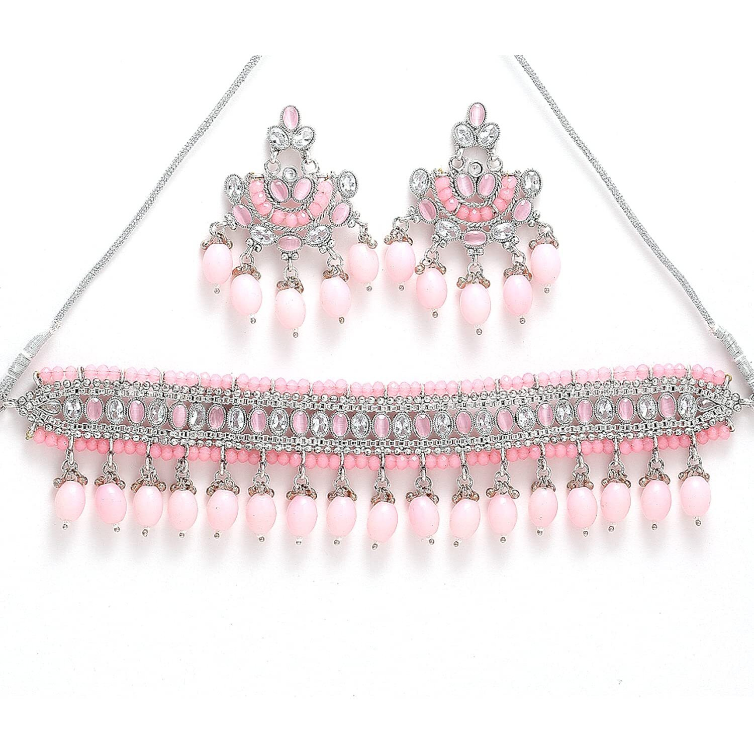 ZENEME Fashion Jewellery Antique Oxidised Silver Plated Green & Pink Stone-Studded Traditional Choker Necklace With Earrings Jewellery For Women & Girls (Pink)