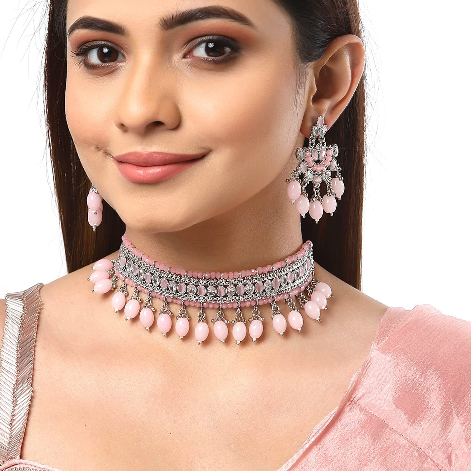 ZENEME Fashion Jewellery Antique Oxidised Silver Plated Green & Pink Stone-Studded Traditional Choker Necklace With Earrings Jewellery For Women & Girls (Pink)