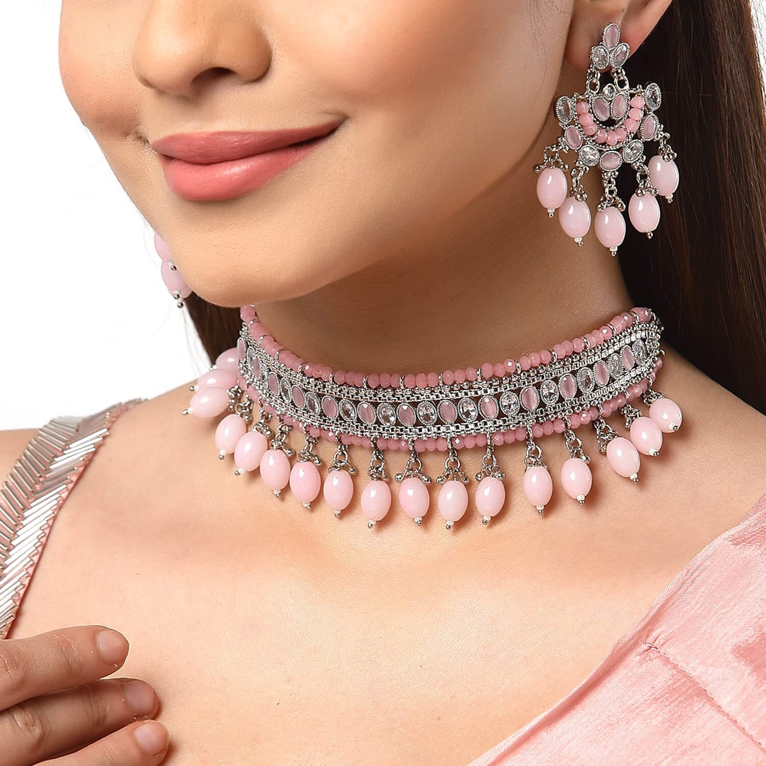 ZENEME Fashion Jewellery Antique Oxidised Silver Plated Green & Pink Stone-Studded Traditional Choker Necklace With Earrings Jewellery For Women & Girls (Pink)