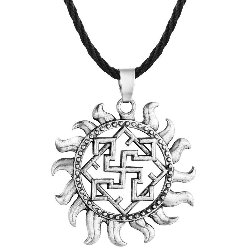 Yellow Chimes Silver Plated God Sun Swastika Symbol Black Leather Rope Pendant Necklace for Men and Women