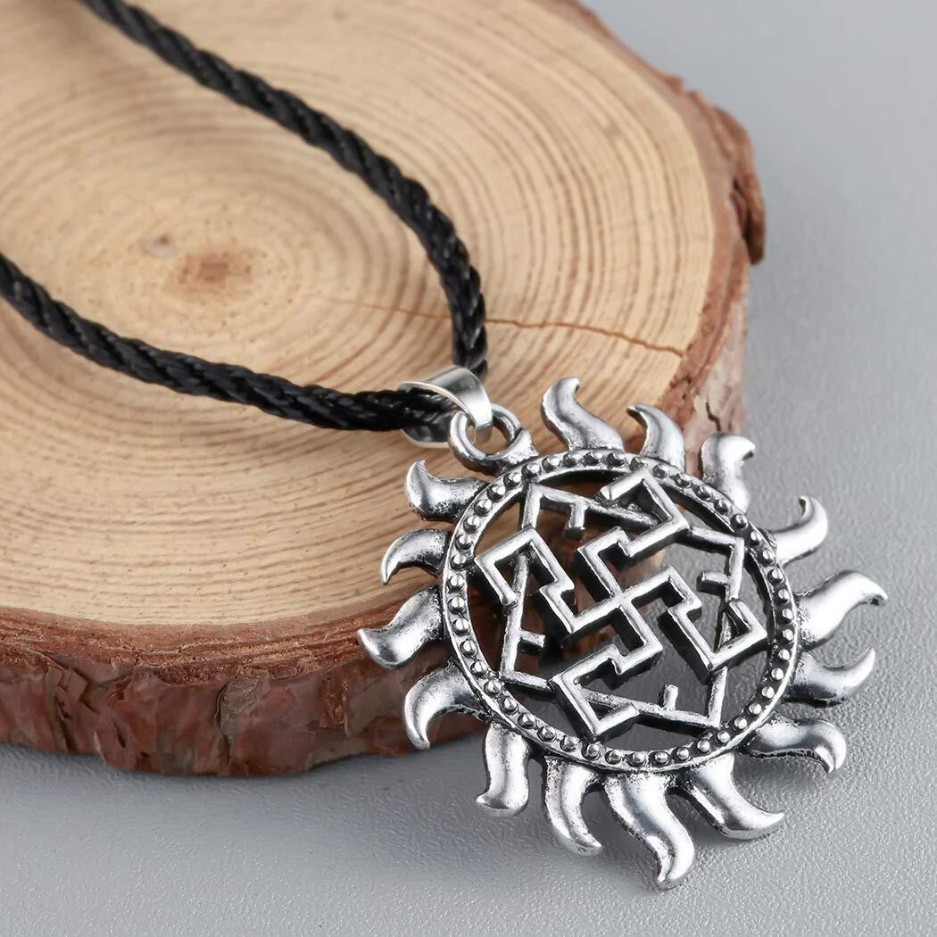 Yellow Chimes Silver Plated God Sun Swastika Symbol Black Leather Rope Pendant Necklace for Men and Women