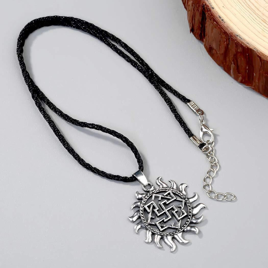 Yellow Chimes Silver Plated God Sun Swastika Symbol Black Leather Rope Pendant Necklace for Men and Women