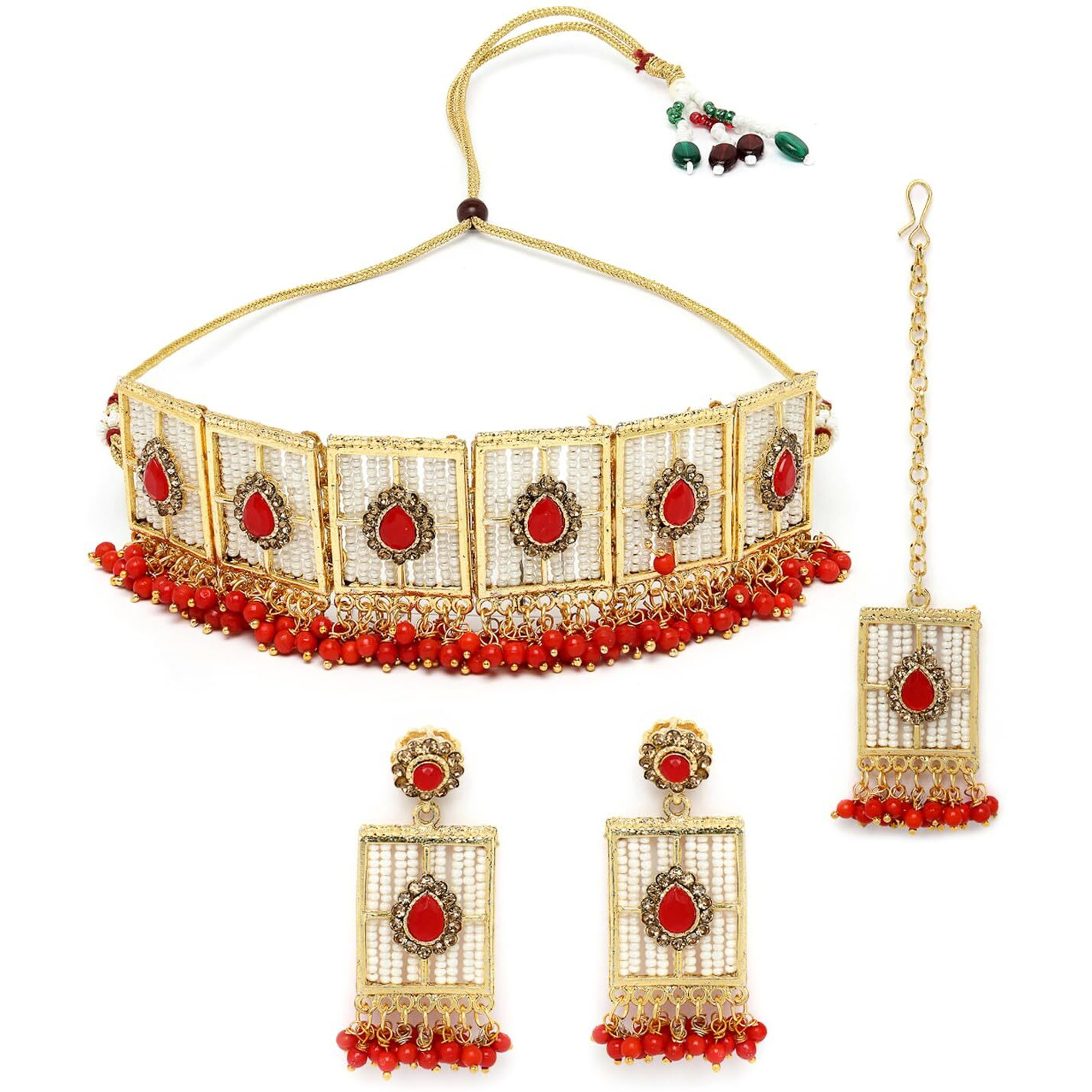 Sukkhi Beautiful Squared Shaped Red Beads With Gold Plated Choker Necklace Set With Earring And Maangtika | Jewellery Set For Women (NS105498)