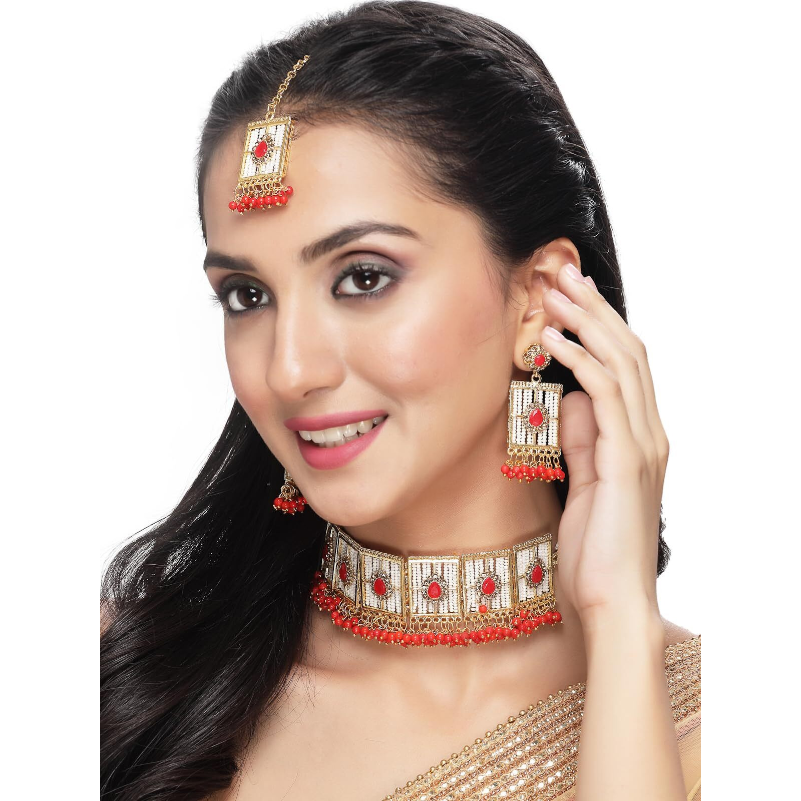 Sukkhi Beautiful Squared Shaped Red Beads With Gold Plated Choker Necklace Set With Earring And Maangtika | Jewellery Set For Women (NS105498)