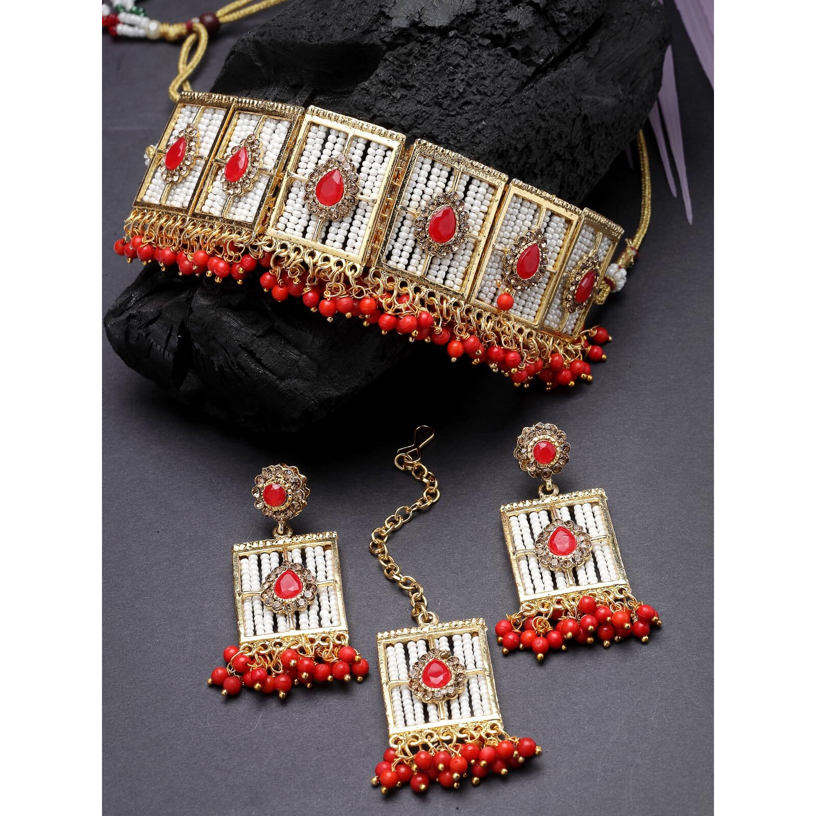 Sukkhi Beautiful Squared Shaped Red Beads With Gold Plated Choker Necklace Set With Earring And Maangtika | Jewellery Set For Women (NS105498)