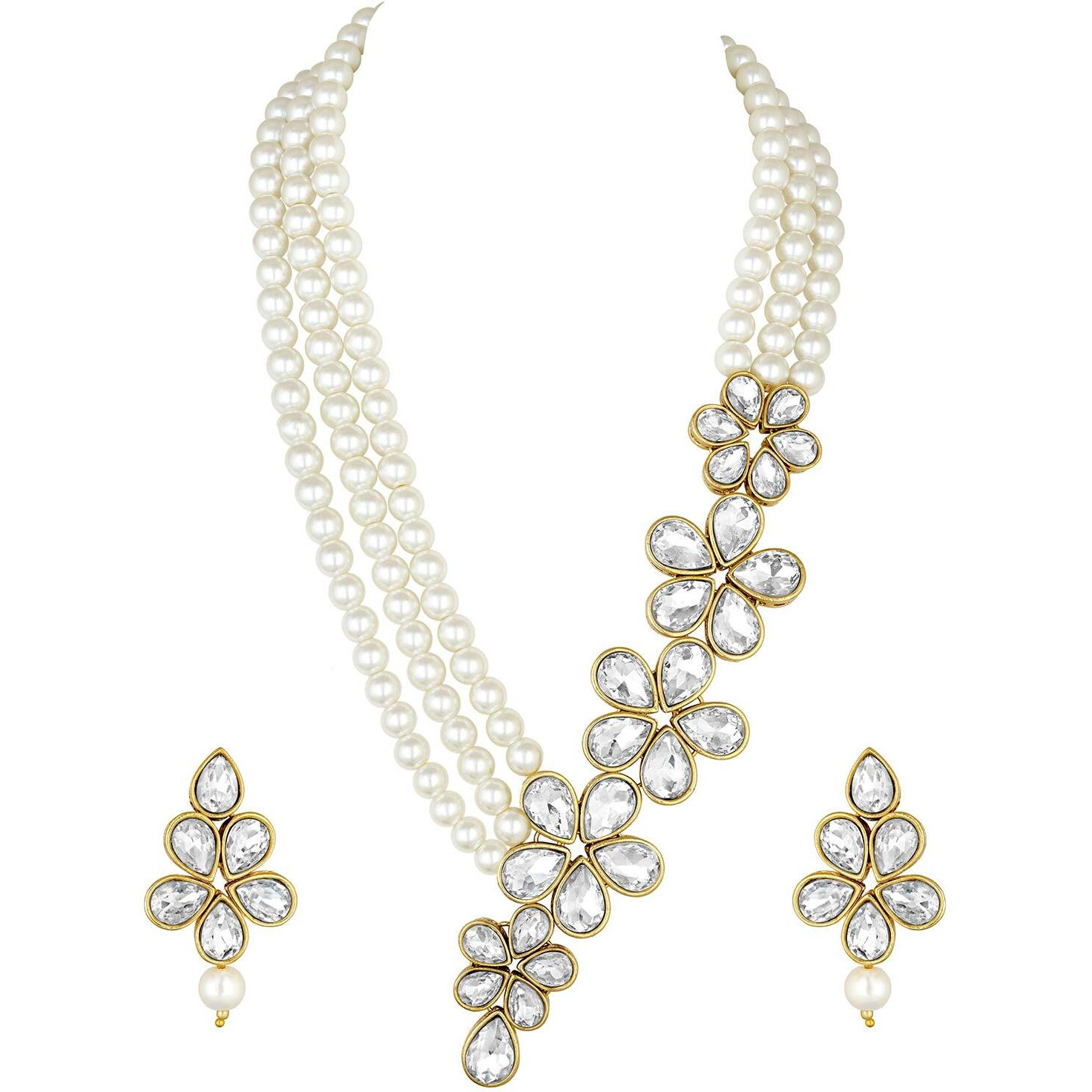 Peora Gold Plated Floral Crystal Pearl Necklace with Drop Earrings Traditional Ethnic Jewellery Set for Women Girls