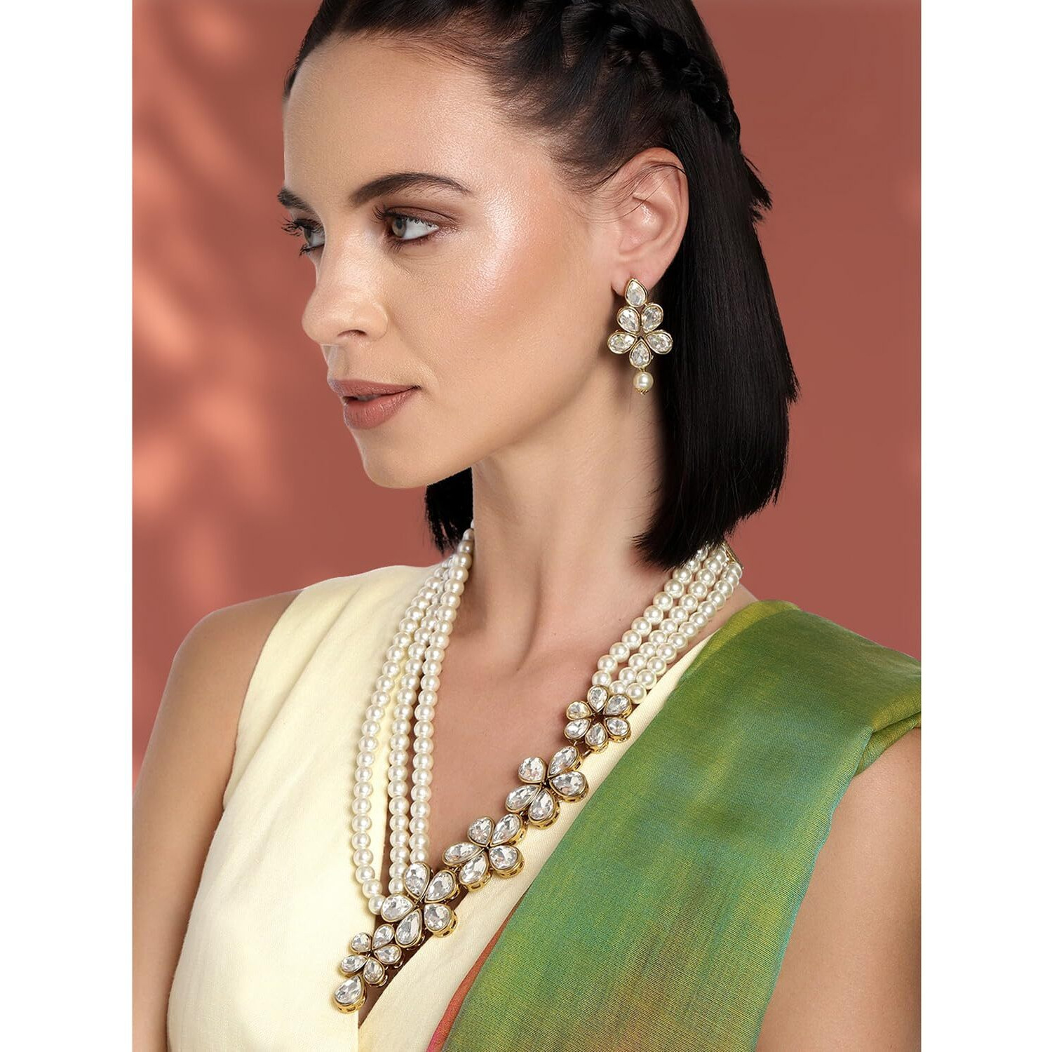 Peora Gold Plated Floral Crystal Pearl Necklace with Drop Earrings Traditional Ethnic Jewellery Set for Women Girls