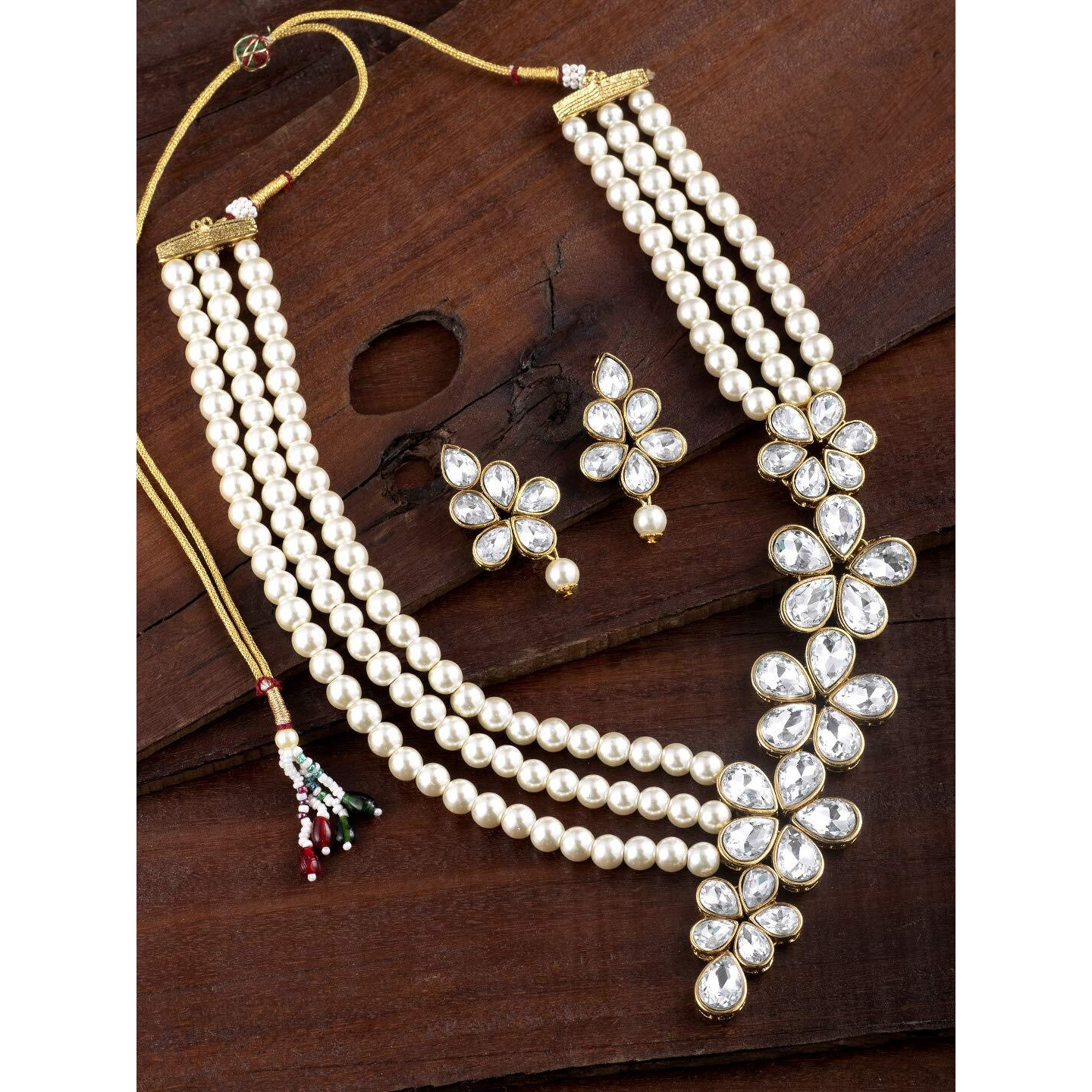 Peora Gold Plated Floral Crystal Pearl Necklace with Drop Earrings Traditional Ethnic Jewellery Set for Women Girls