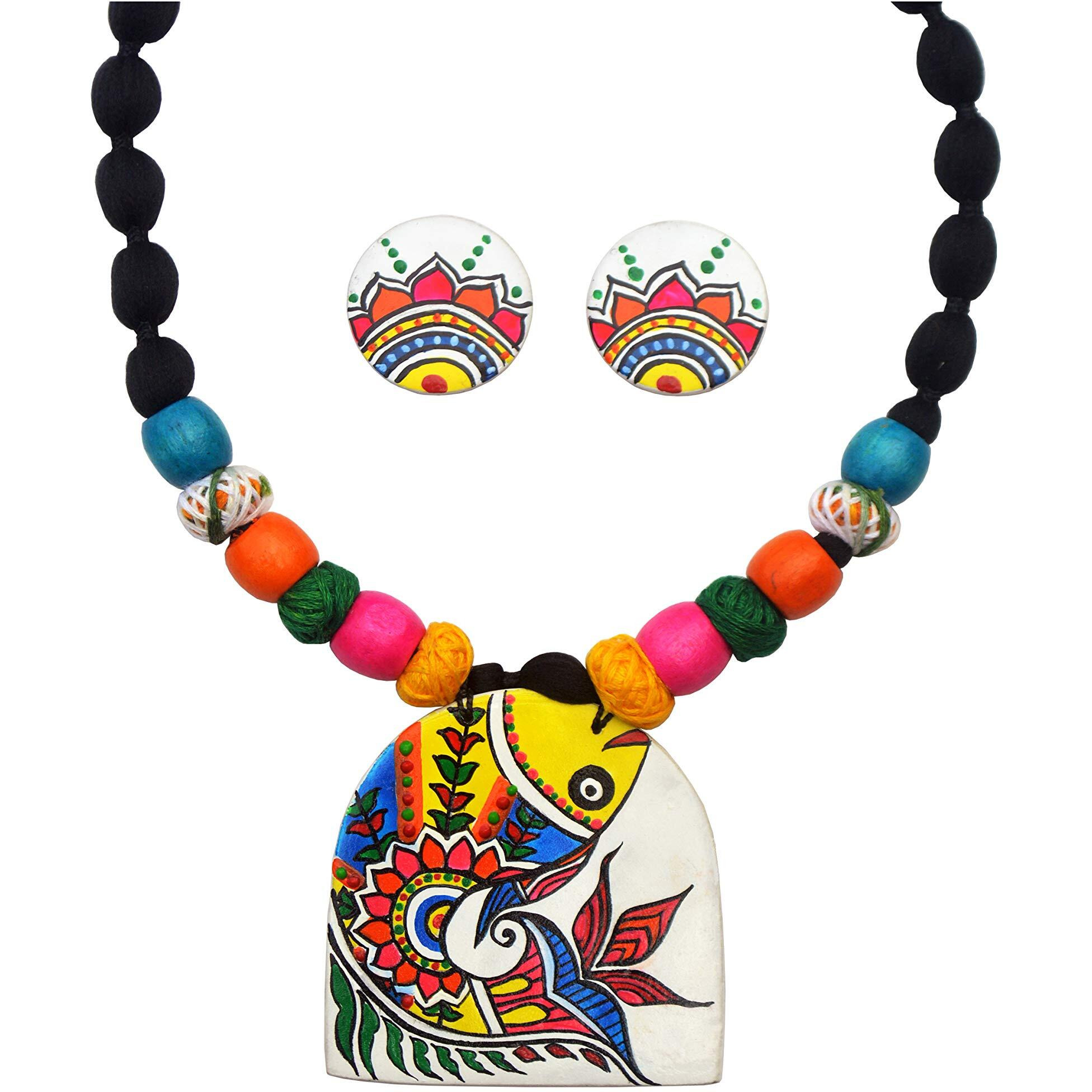 Karukala Synthetic Clay Fabric Madhubani Mithila Art Fish painting Fully Handcrafted Necklace and Ear Ring Jewellery sets For Women and Girls (Color Multi,SizeFree)