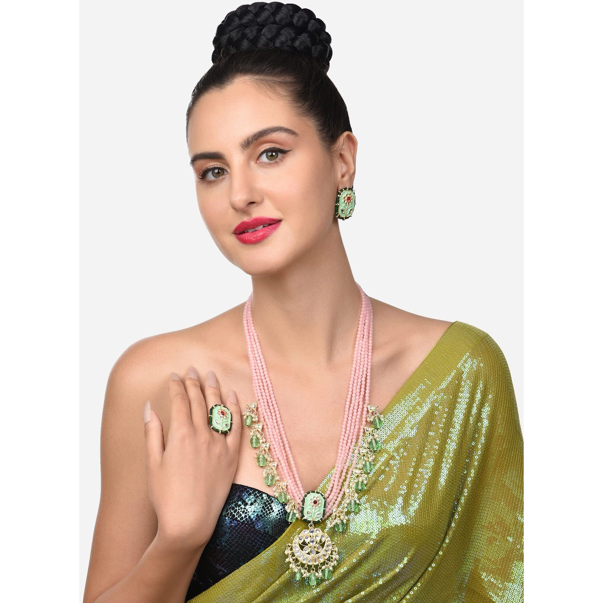 ZAVERI PEARLS Enamelling Green & Pink Beaded Floral Necklace Earring & Ring Set For Women-ZPFK14439