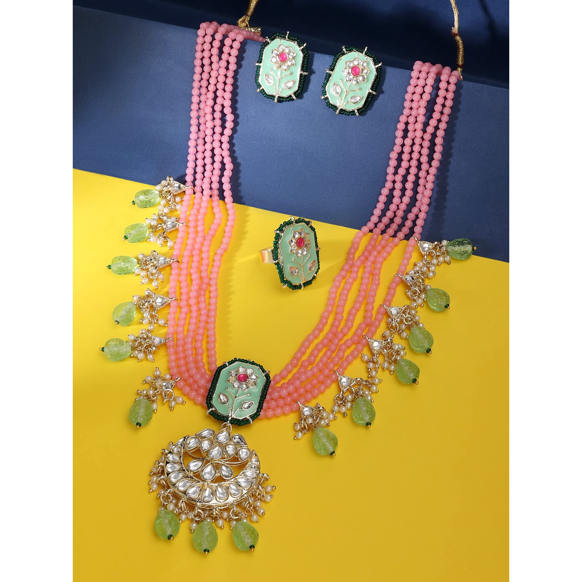 ZAVERI PEARLS Enamelling Green & Pink Beaded Floral Necklace Earring & Ring Set For Women-ZPFK14439