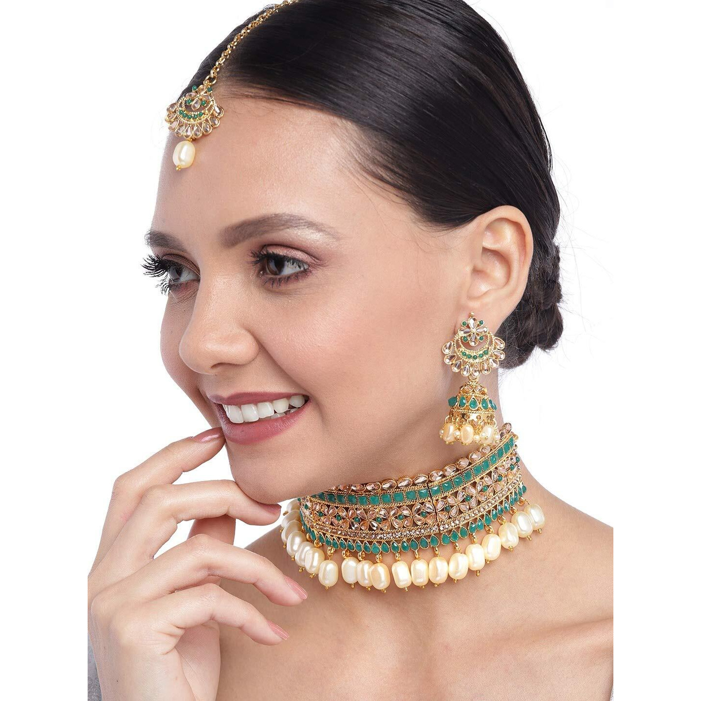 ZAVERI PEARLS Green Stones Traditional Choker Necklace, Earring & Maangtikka Set For Women-ZPFK9578