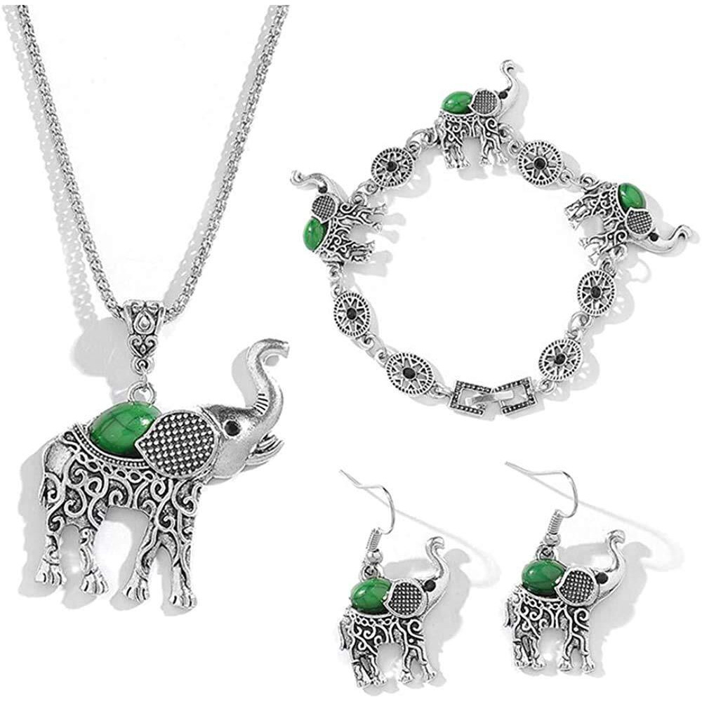 Young & Forever Gift Boho Gypsy Antique Silver Tribal Pendant Set for Women oxidised Turquoise Stone Lucky Elephant Drop Earring Bracelet Jewelry Set for Girls Fancy Fashion