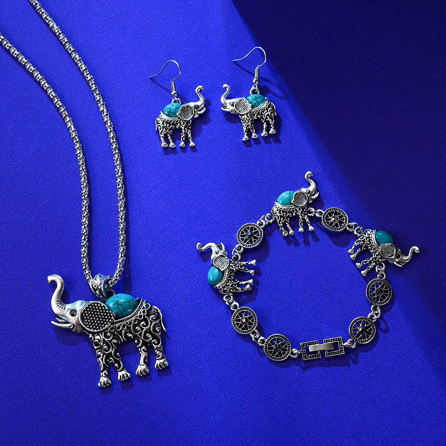 Young & Forever Gift Boho Gypsy Antique Silver Tribal Pendant Set for Women oxidised Turquoise Stone Lucky Elephant Drop Earring Bracelet Jewelry Set for Girls Fancy Fashion