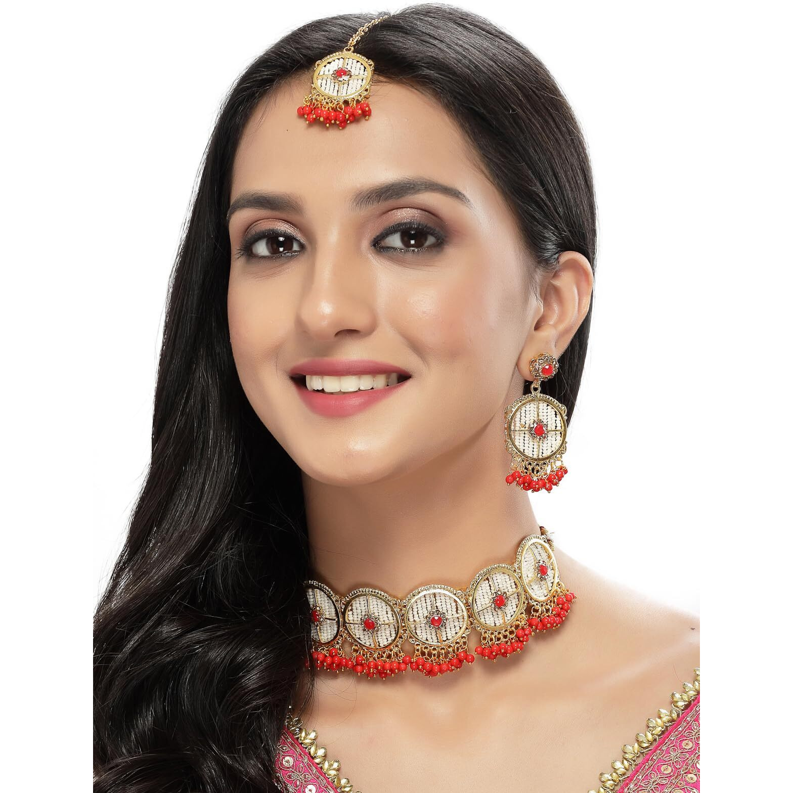 Sukkhi Charming Circular Gold Toned Plated Red Beads Choker Necklace Set With Earring And Maangtika | Jewellery Set For Women (NS105509)