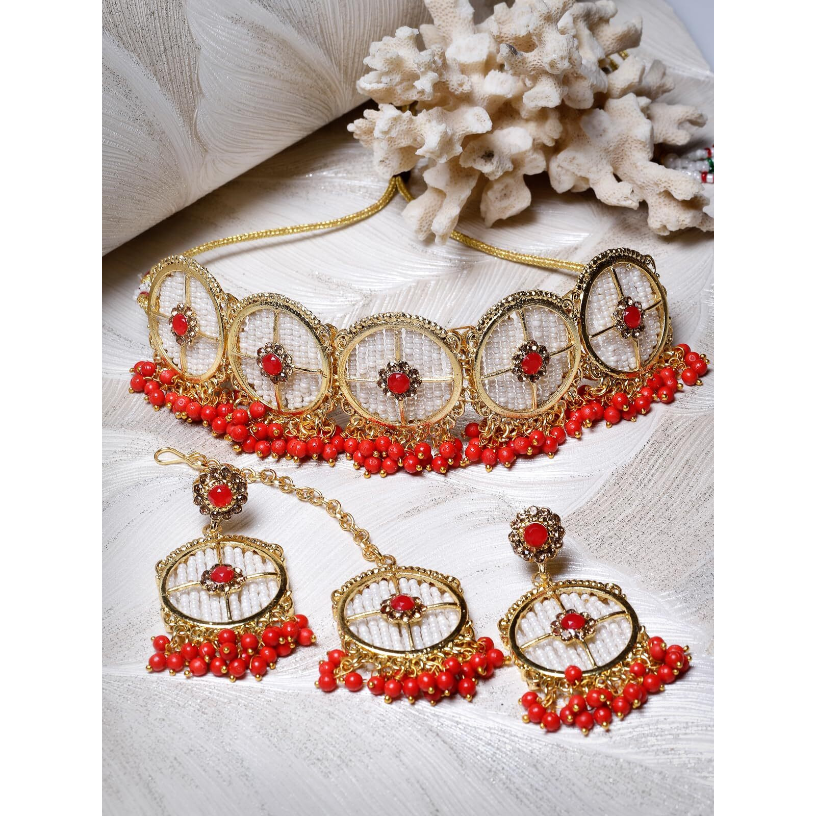 Sukkhi Charming Circular Gold Toned Plated Red Beads Choker Necklace Set With Earring And Maangtika | Jewellery Set For Women (NS105509)