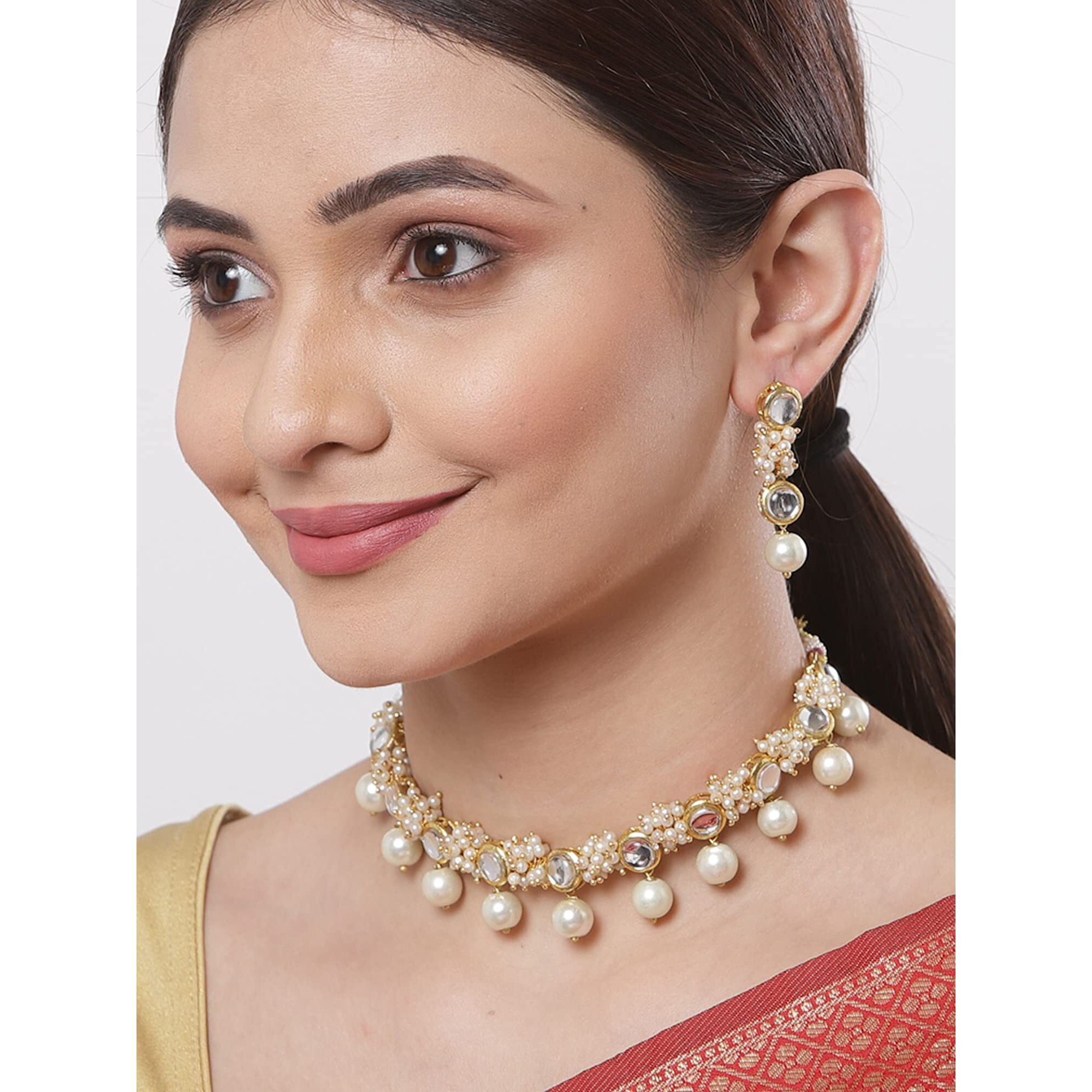 Karatcart Womens Gold-Plated Pearl Ball and Kundan Studded Handcrafted Choker Necklace Set