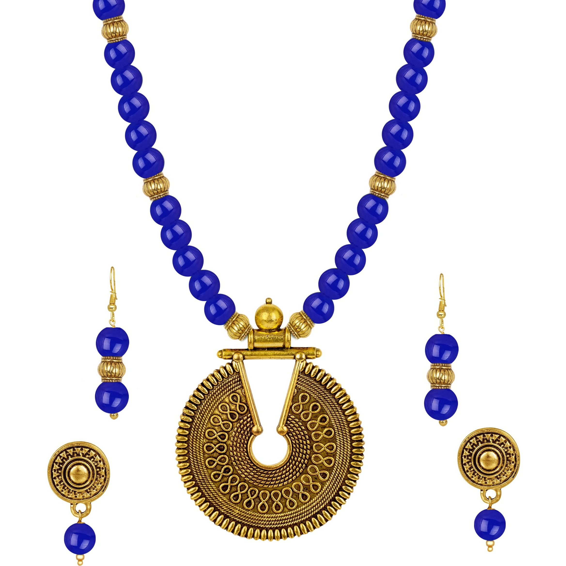 JFL - Jewellery for Less Fashionable Gold Plated Oxidized German Key Hole Beaded Necklace with 2 pair of Earrings Set for Women and Girls(Royal Blue),Valentine