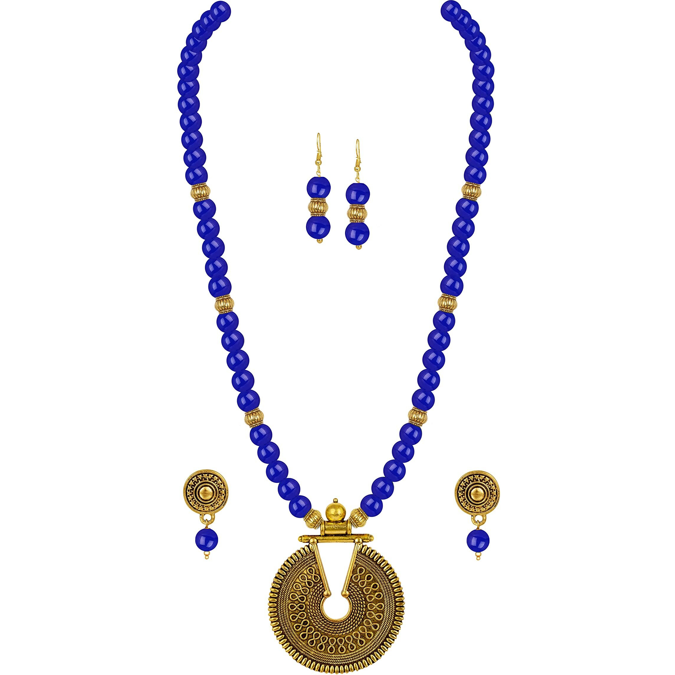 JFL - Jewellery for Less Fashionable Gold Plated Oxidized German Key Hole Beaded Necklace with 2 pair of Earrings Set for Women and Girls(Royal Blue),Valentine