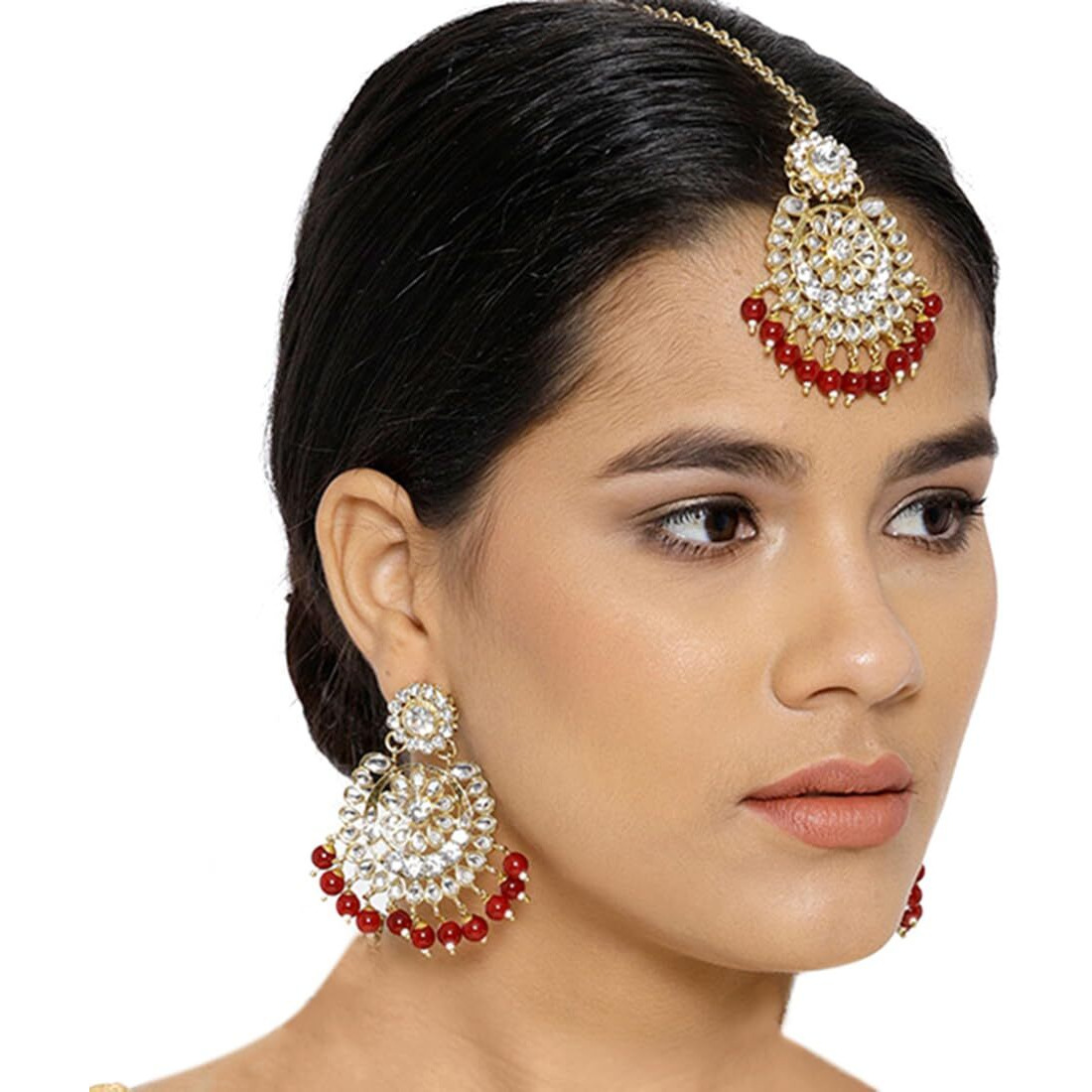 Peora Wedding Traditional 18K Gold Plated Blue Earring Maang Tikka Jewellery Set for Women Girls (Maroon)