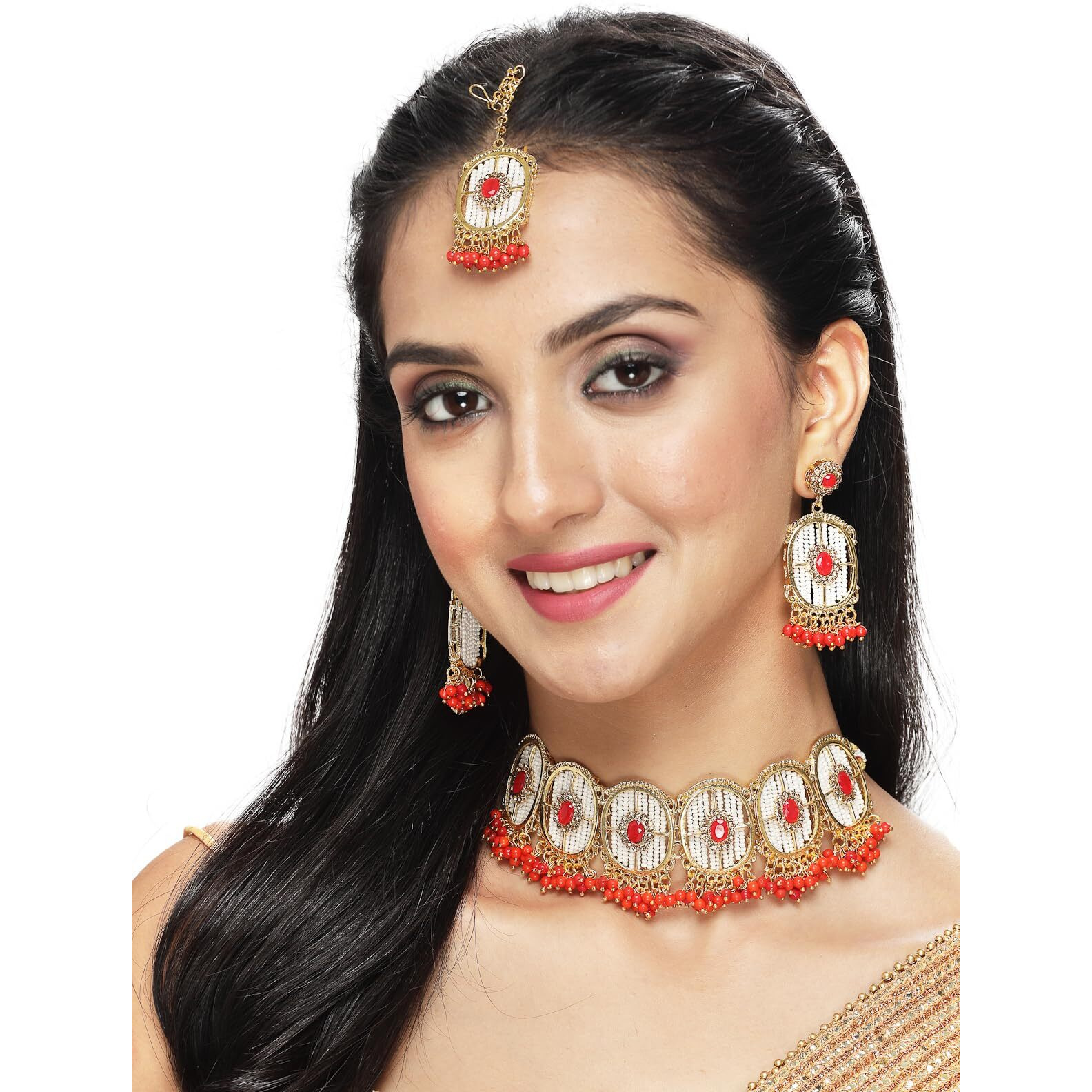 Sukkhi Charming Circular Gold Toned Plated Orange Beads Choker Necklace Set With Earring And Maangtika | Jewellery Set For Women (NS105544)