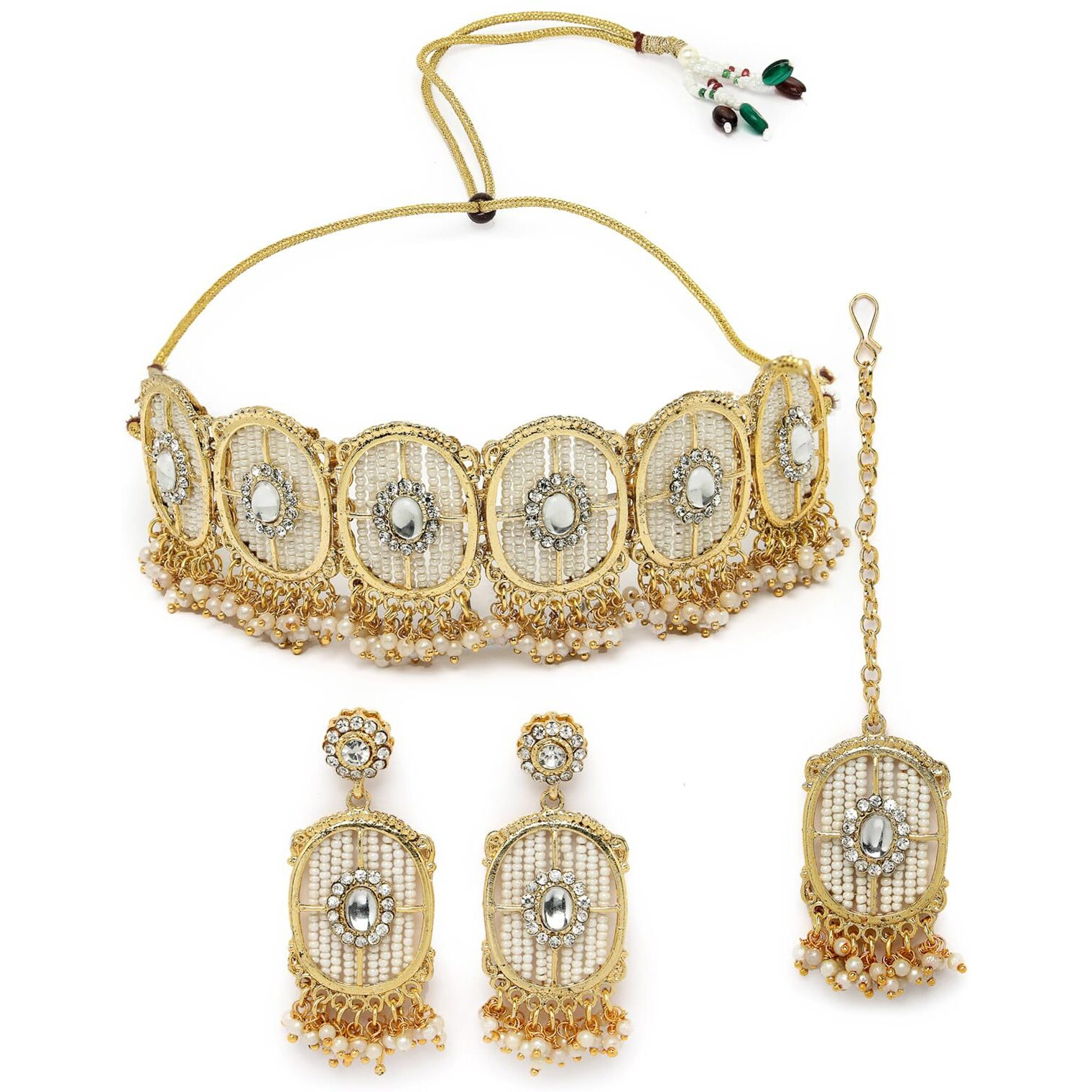 Sukkhi Charming Circular Gold Toned Plated White Beads Choker Necklace Set With Earring And Maangtika | Jewellery Set For Women (NS105545)