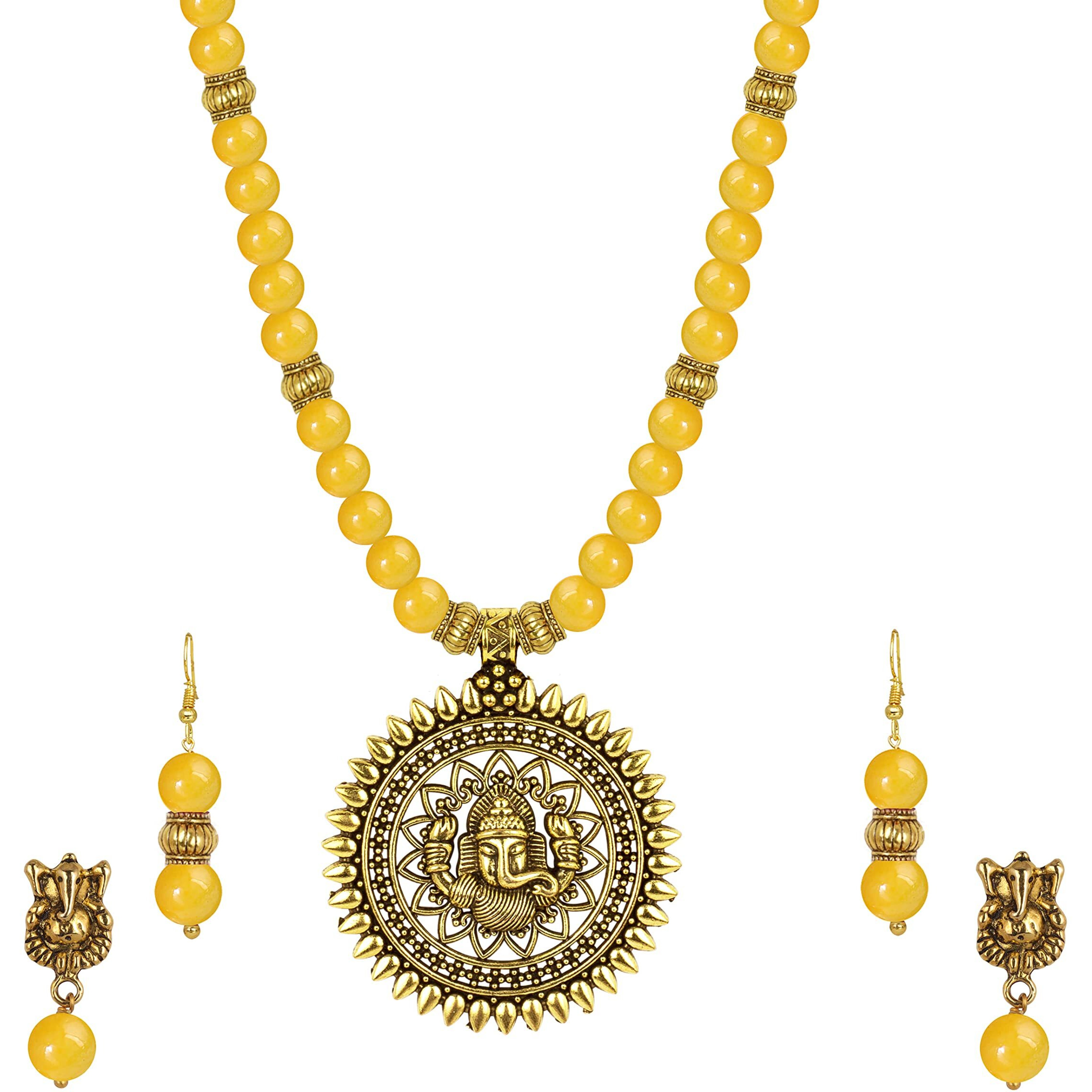 JFL - Jewellery for Less Fashionable Gold Plated Oxidized German Ganesha Beaded Necklace with 2 pair of Earrings Set for Women and Girls(Yellow),Valentine