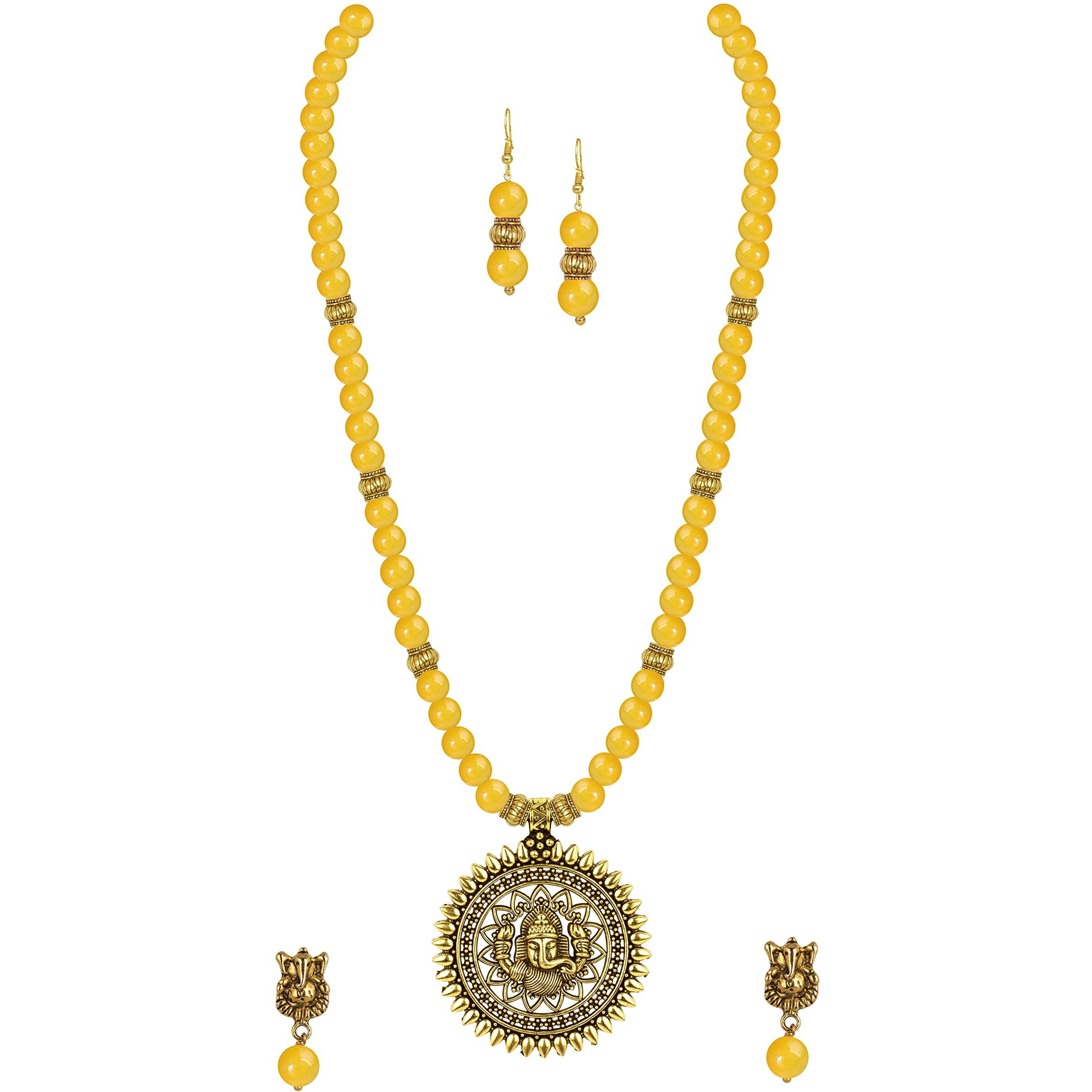 JFL - Jewellery for Less Fashionable Gold Plated Oxidized German Ganesha Beaded Necklace with 2 pair of Earrings Set for Women and Girls(Yellow),Valentine